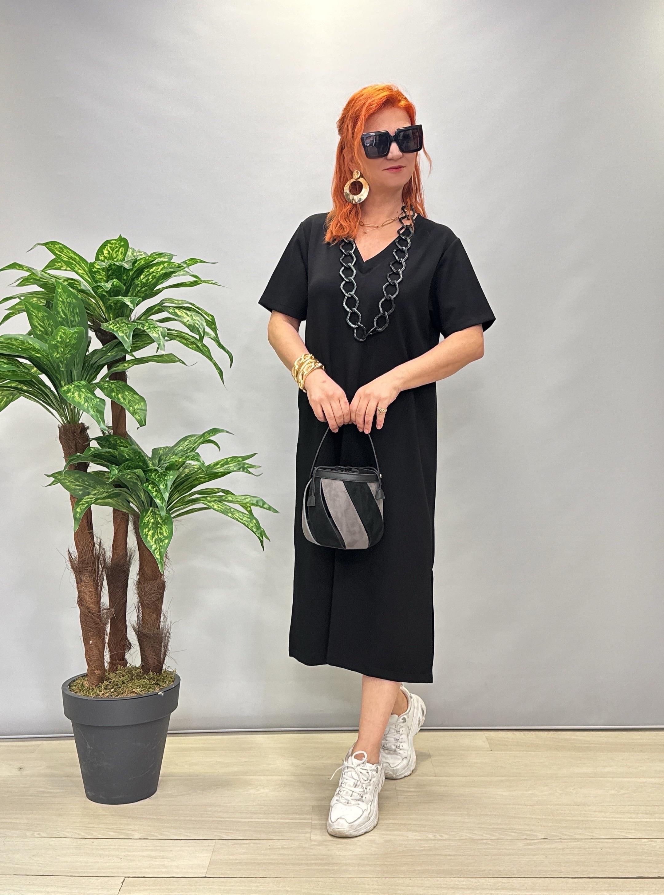 115 LİKRALI V YAKA MODAL ELBİSE SİYAH