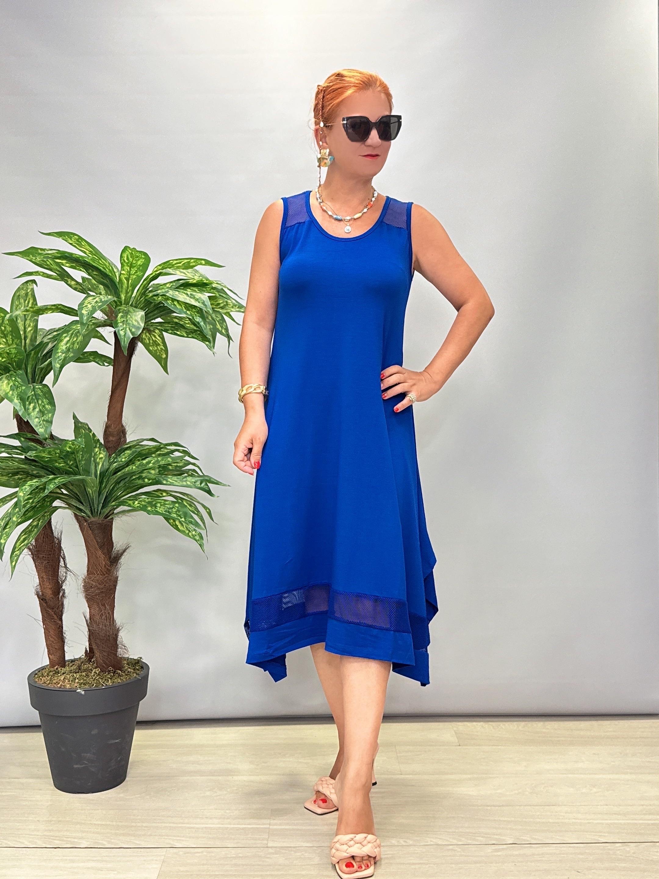 1178 File Detay Likralı Viskon Penye Elbise Saks Mavi 