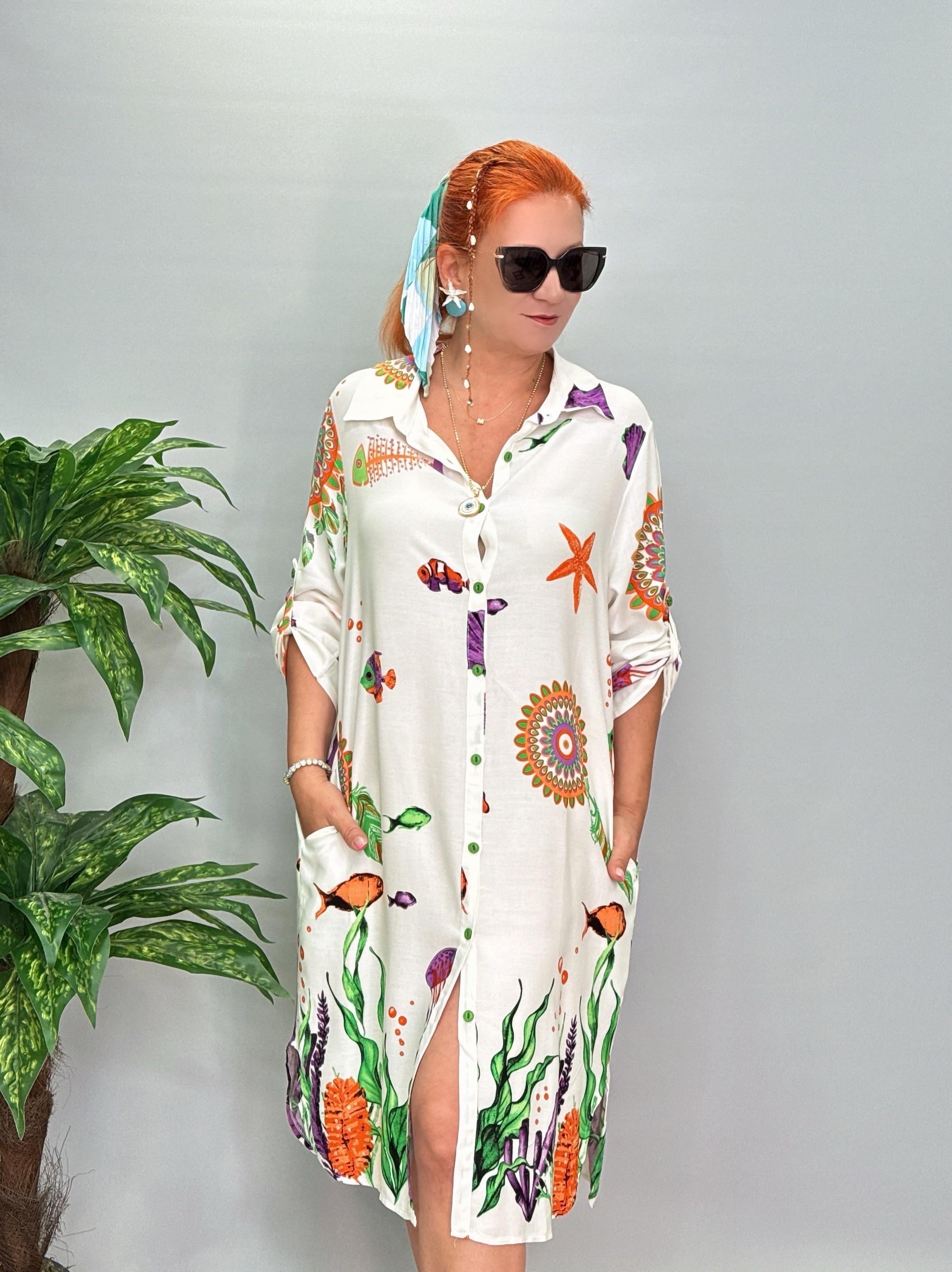 12080 Pamuklu Viskon Gömlek Elbise Beyaz