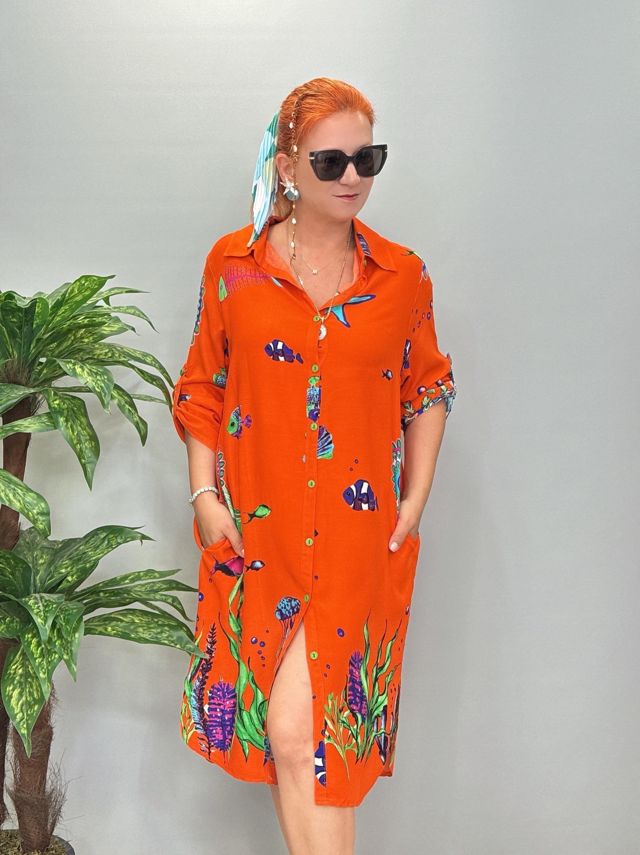 12080 Pamuklu Viskon Gömlek Elbise Turuncu