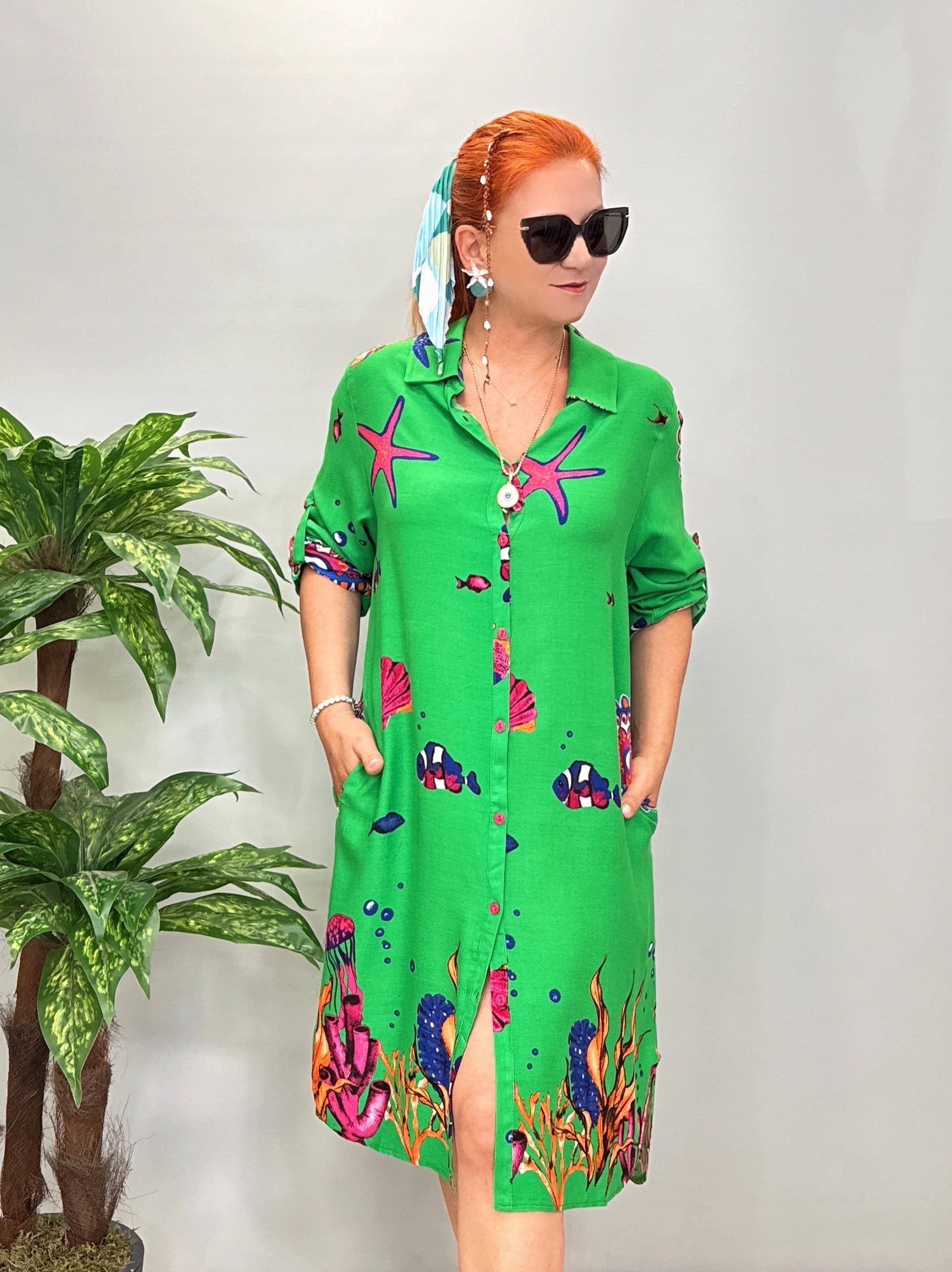 12080 Pamuklu Viskon Gömlek Elbise Yeşil