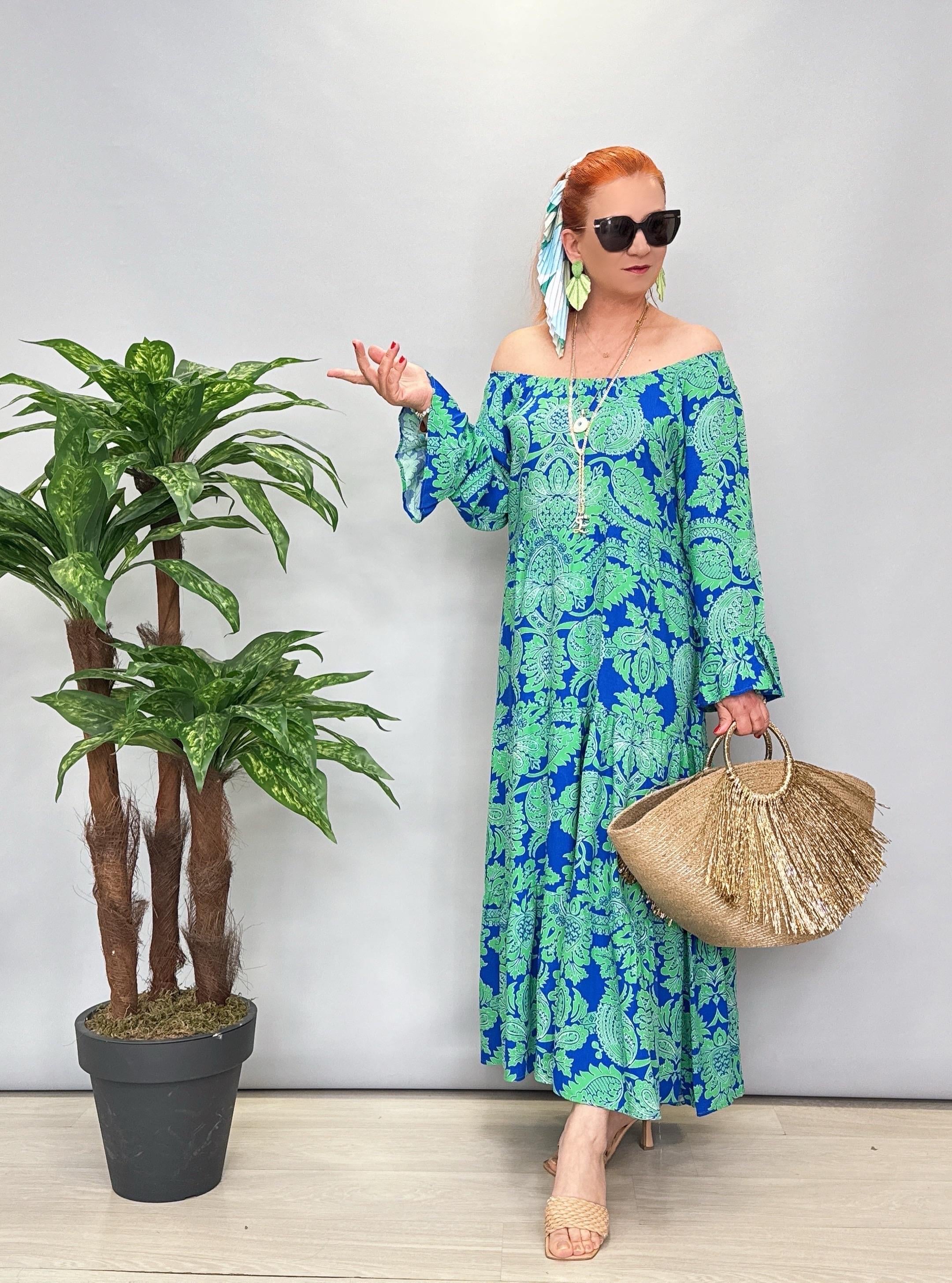 1316 Desenli Elbise Yeşil