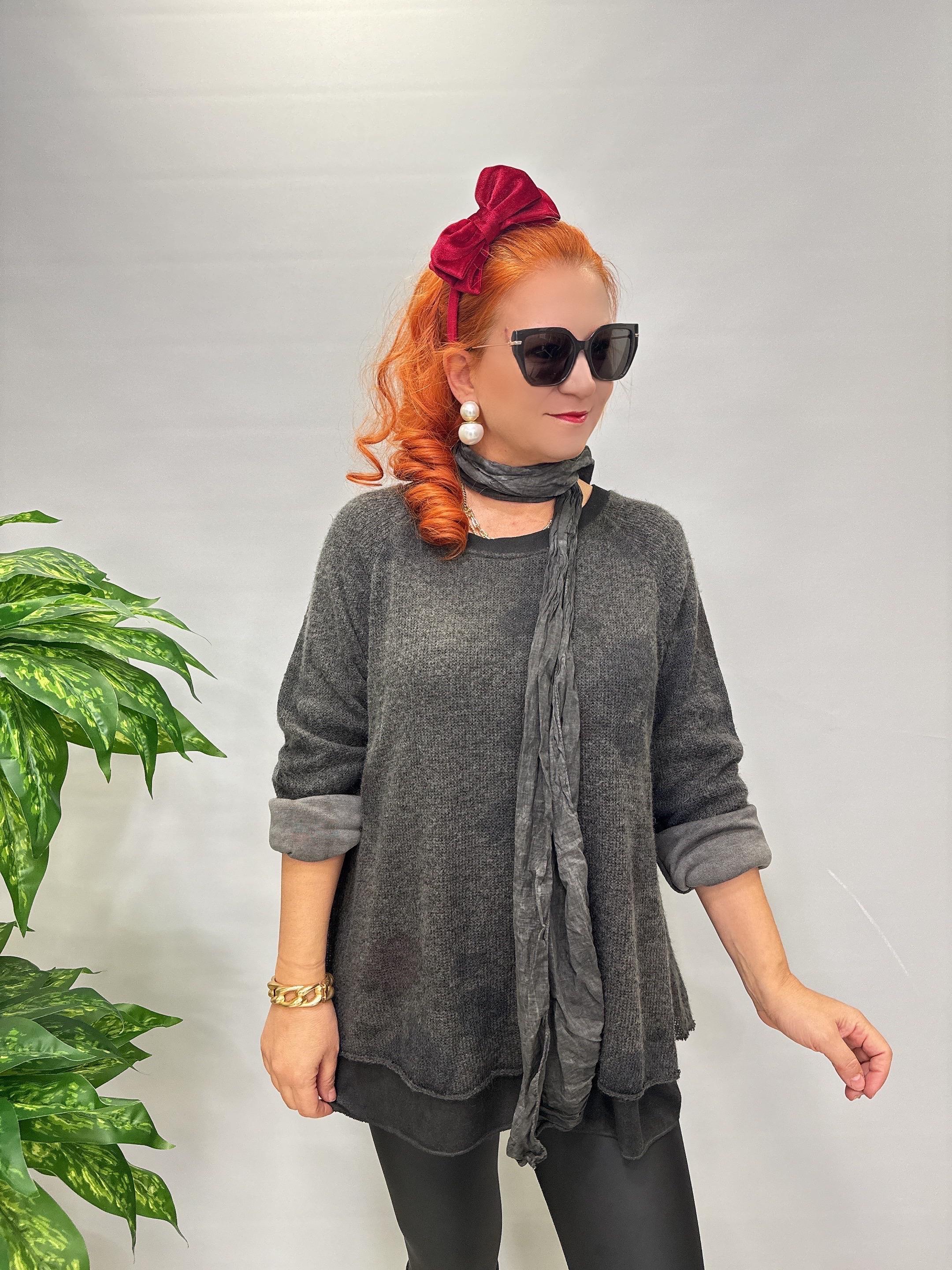 1385 Italyan Fularlı Triko Bluz Antrasit