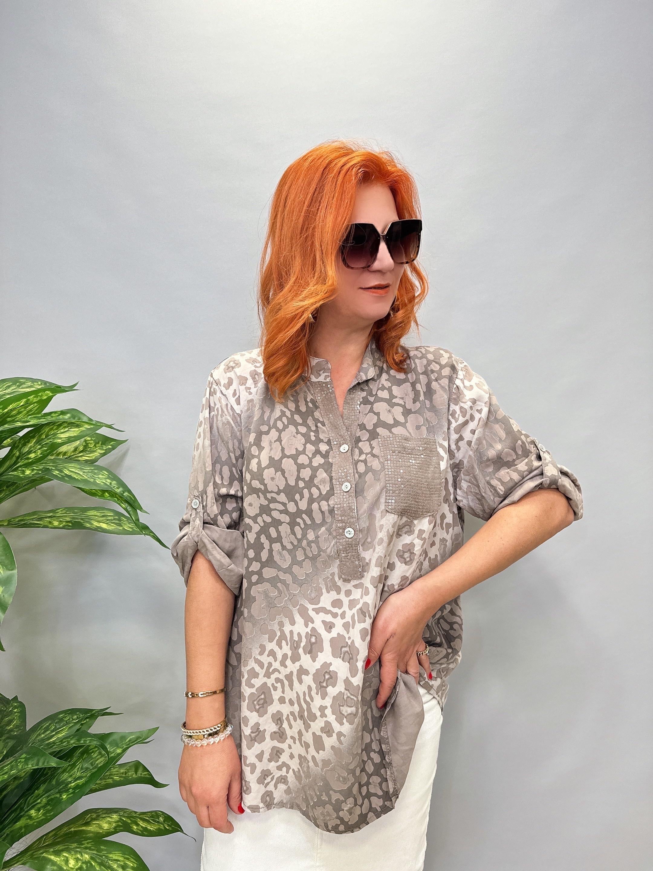 15451 İTALYAN PAYET DETAY LEOPAR BLUZ VİZON