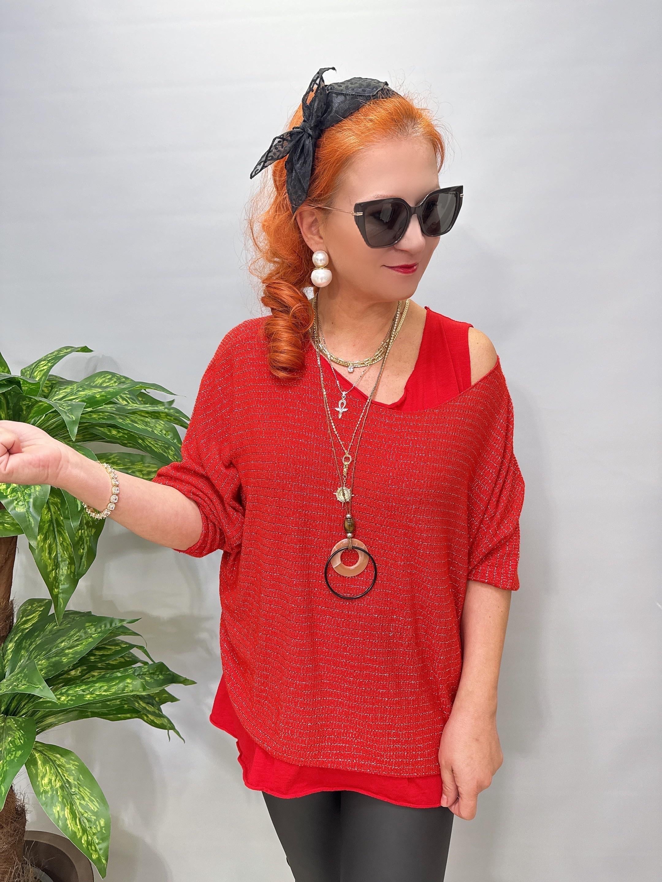 1578 Italyan Simli Triko Bluz Kırmızı 