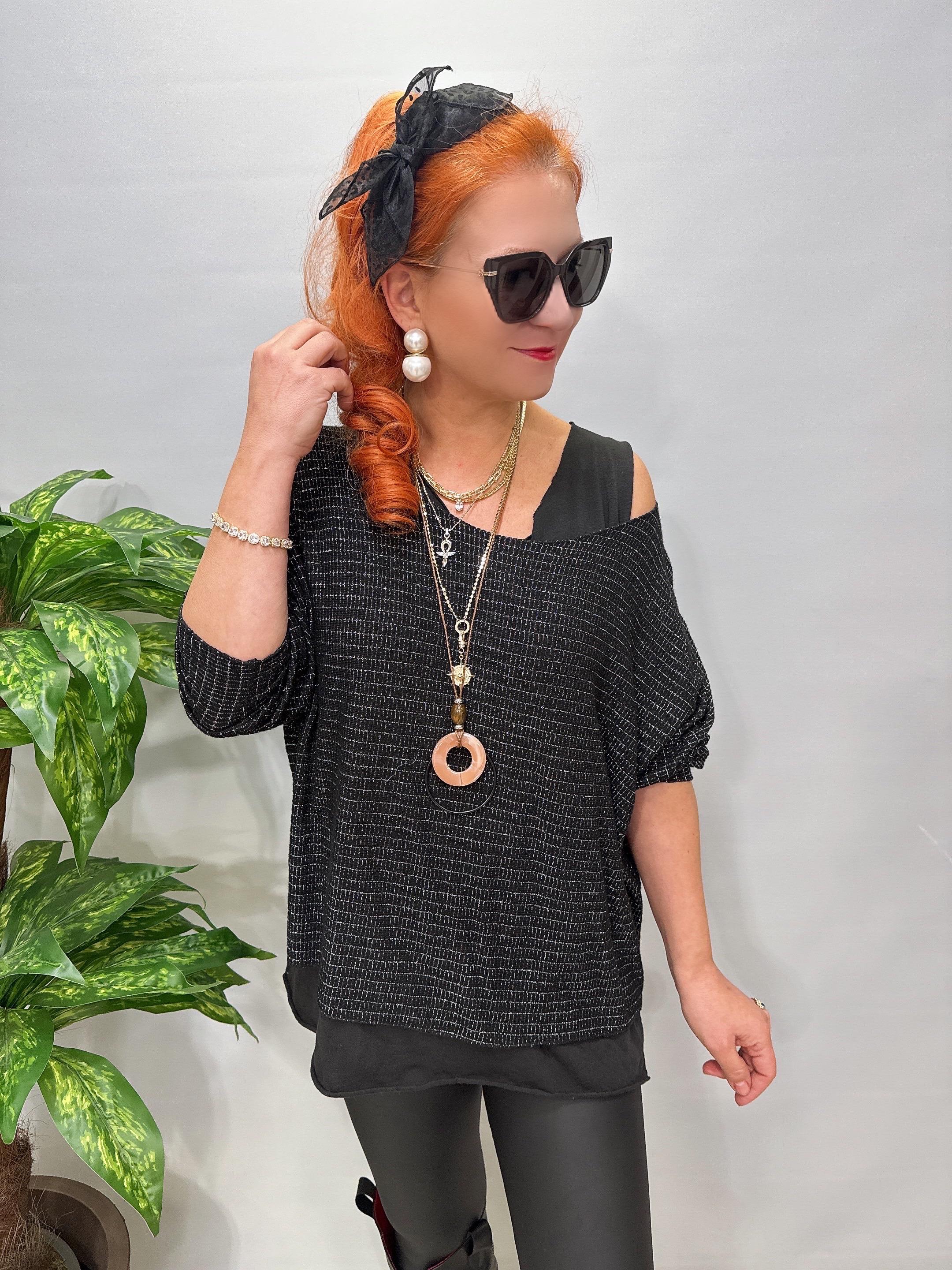 1578 Italyan Simli Triko Bluz Siyah