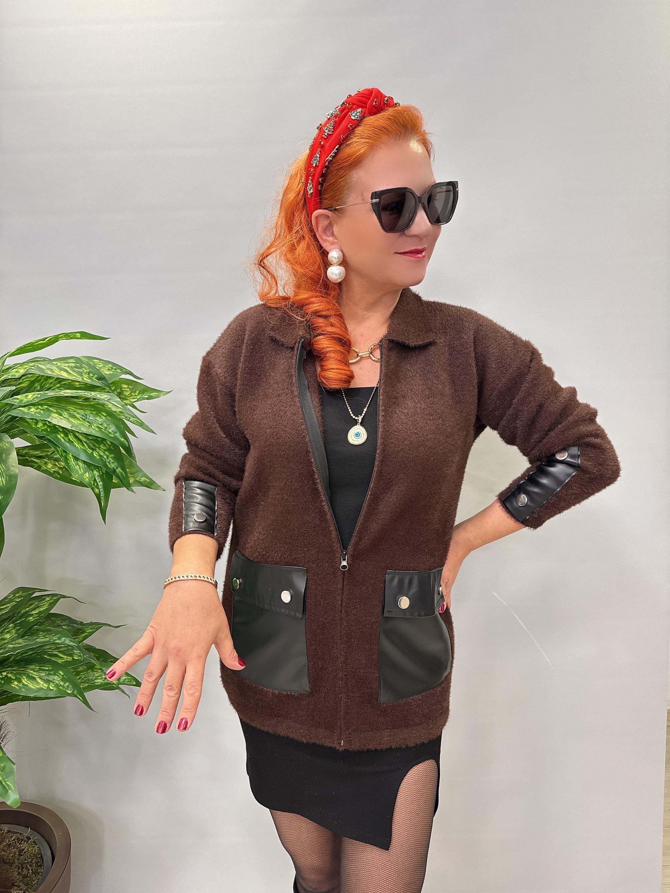 1745 Angora Deri Detaylı Ceket Acı Kahve