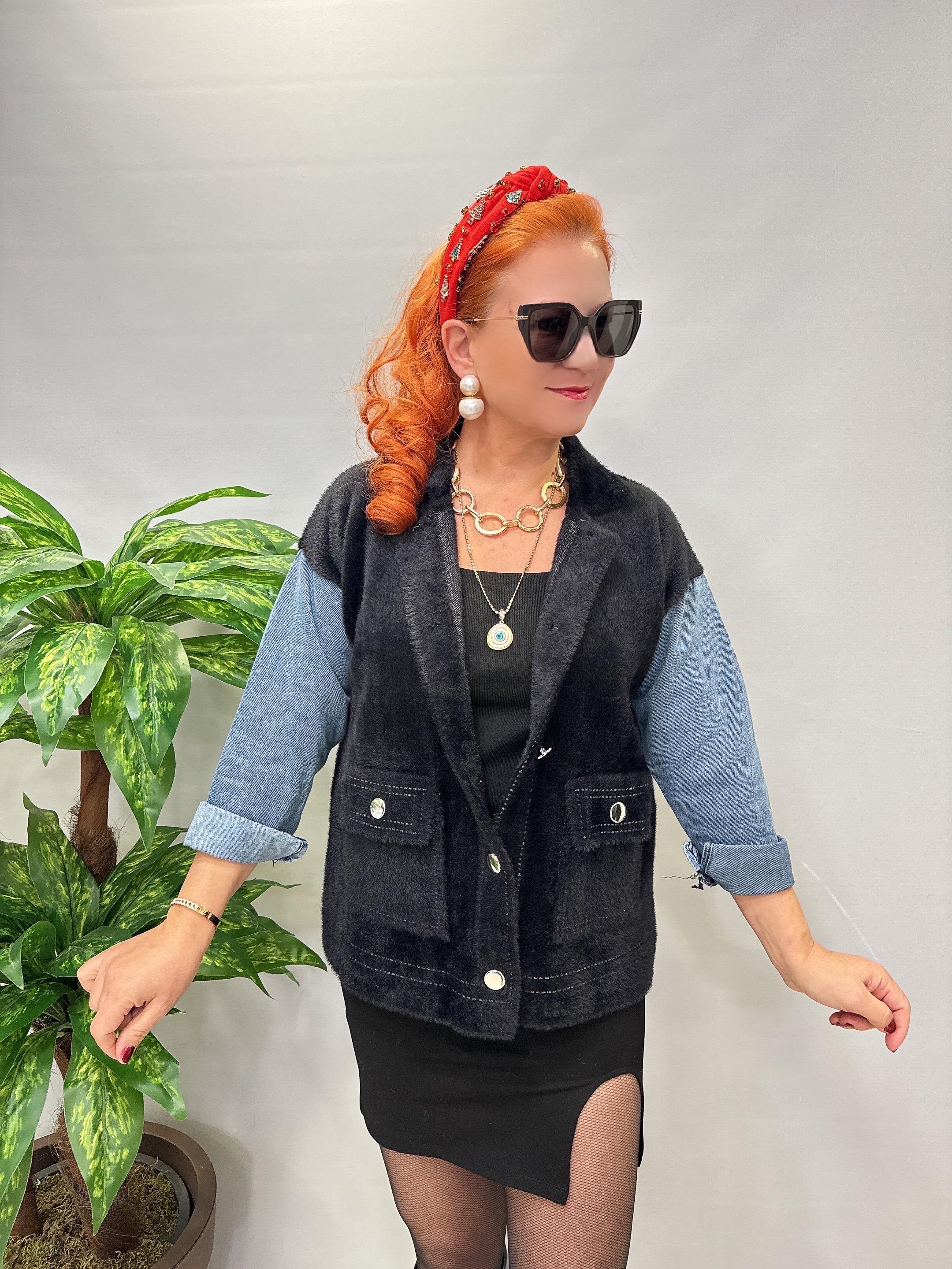 1745 Angora Jean Detaylı  Triko Ceket Siyah