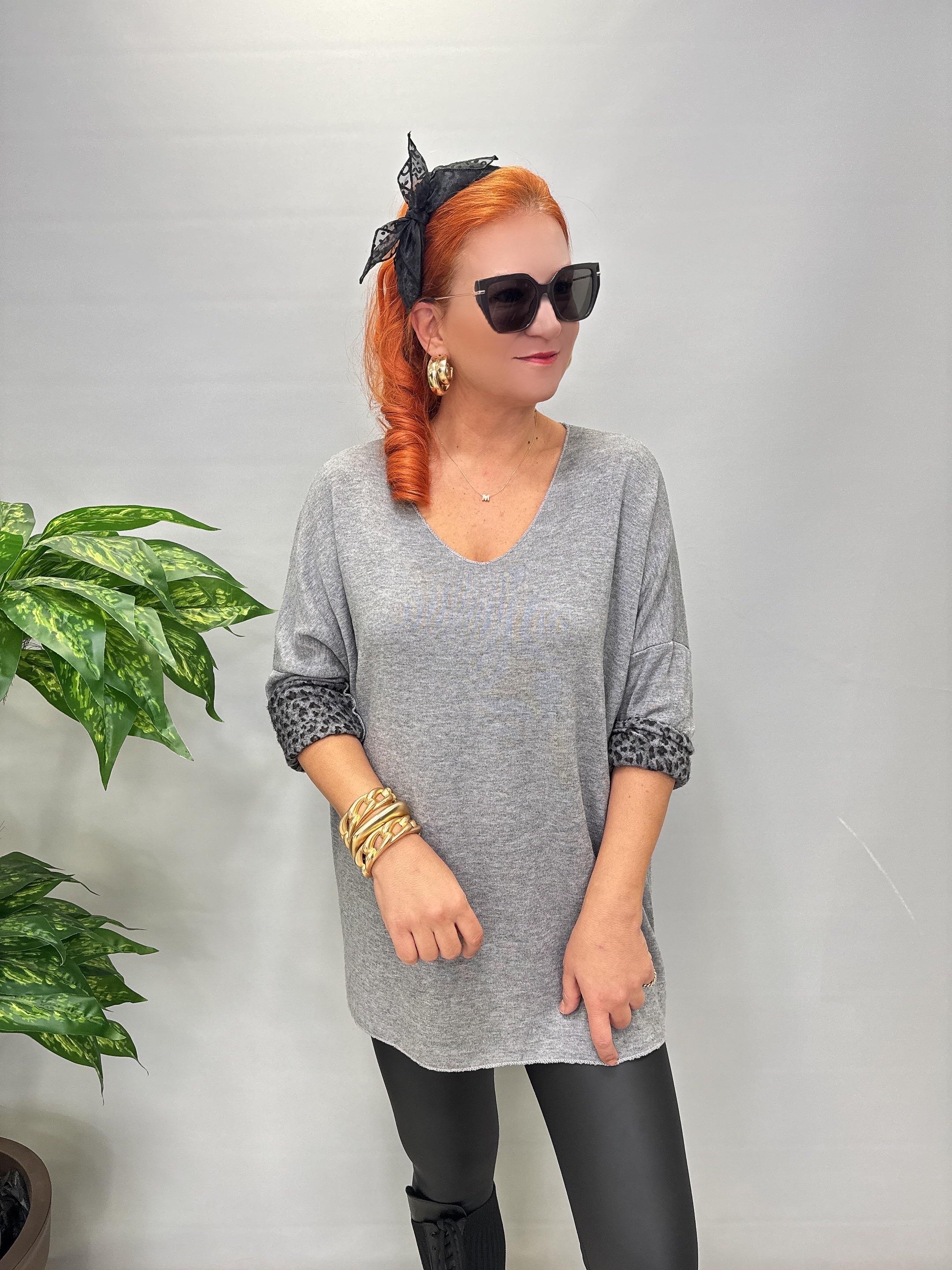 1750 Italyan Leopar Detay Triko Bluz Gri