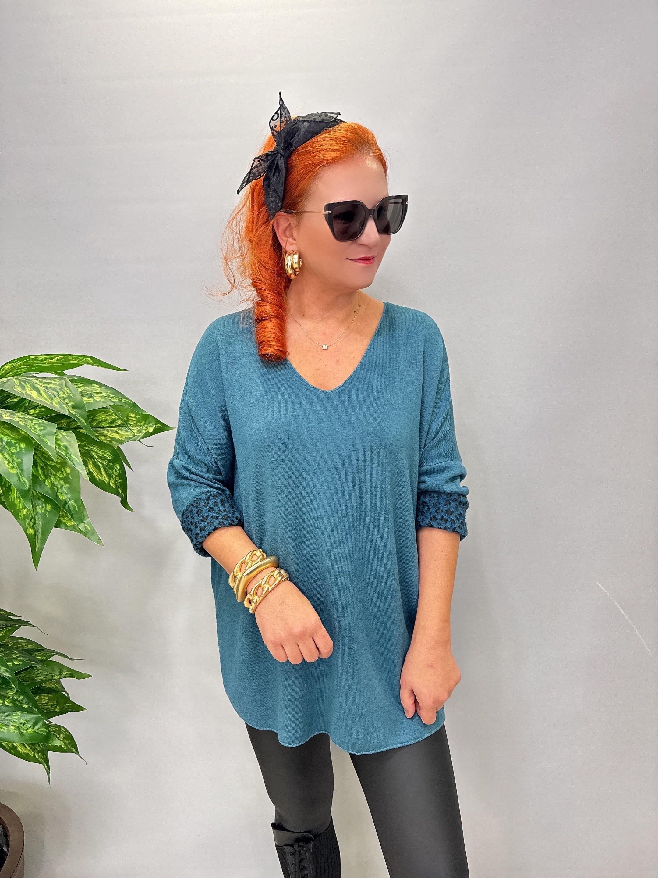 1750 Italyan Leopar Detay Triko Bluz Petrol