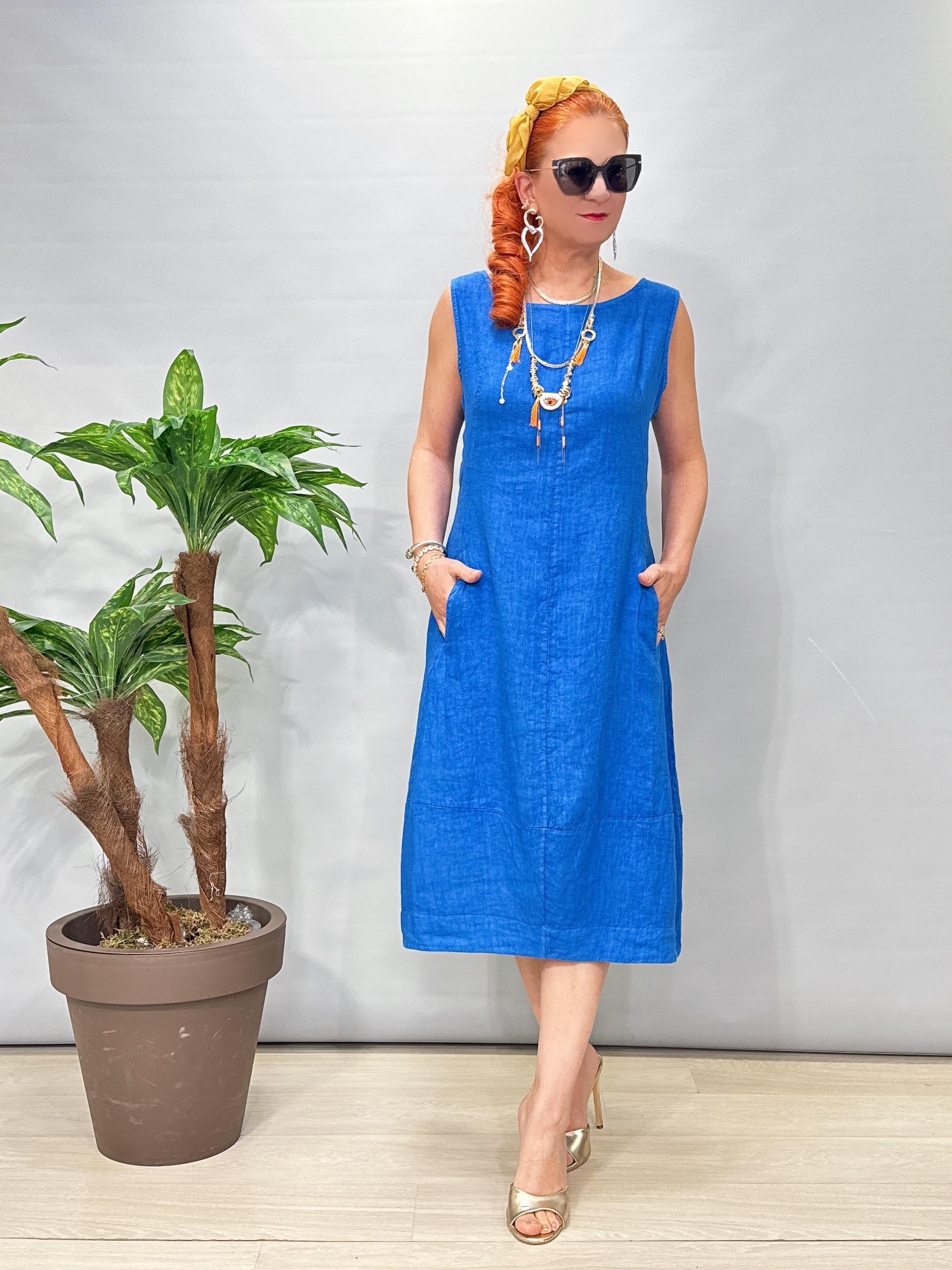 1826 Italyan Ham Keten Elbise Mavi