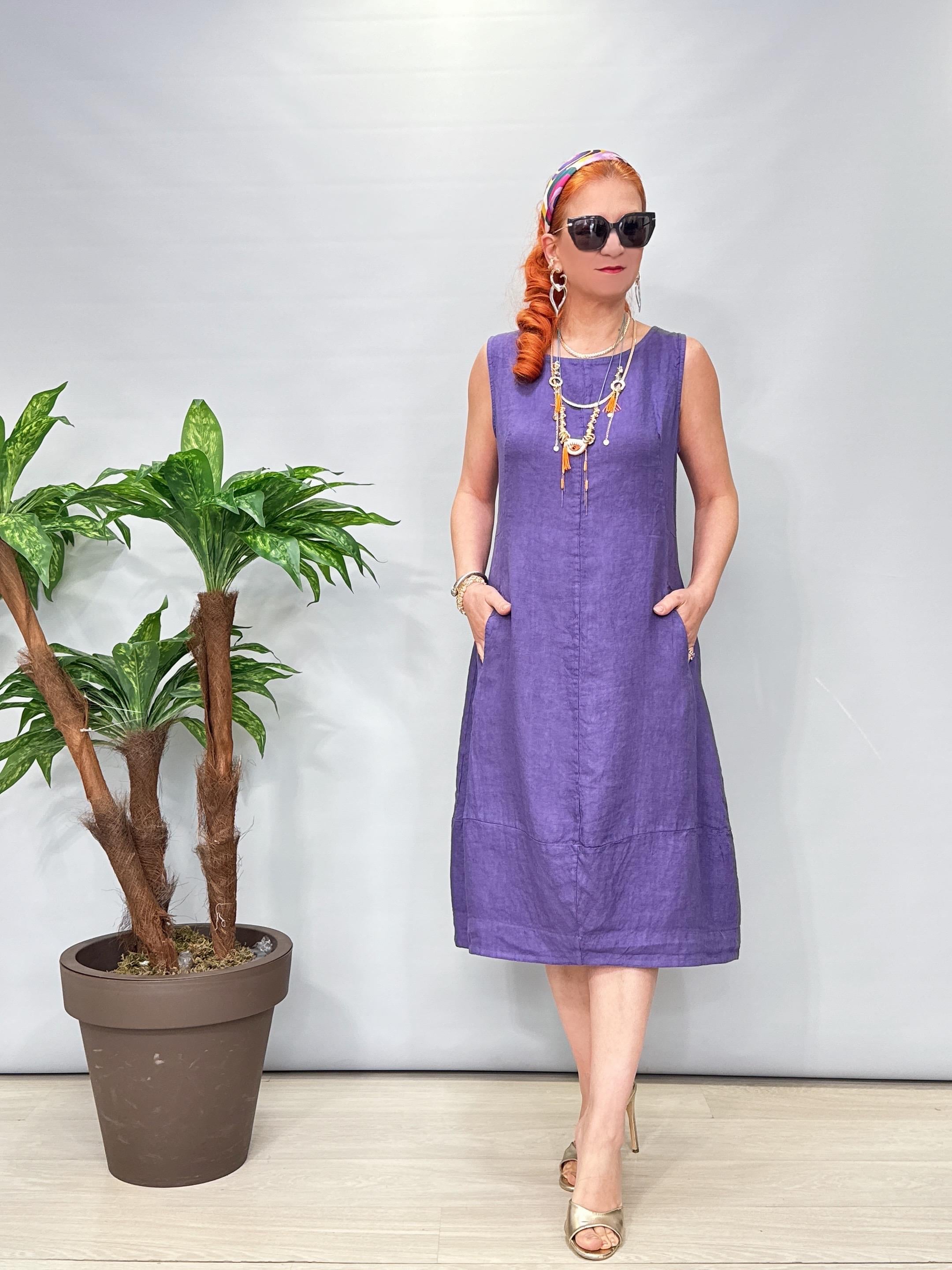 1826 Italyan Ham Keten Elbise Mor