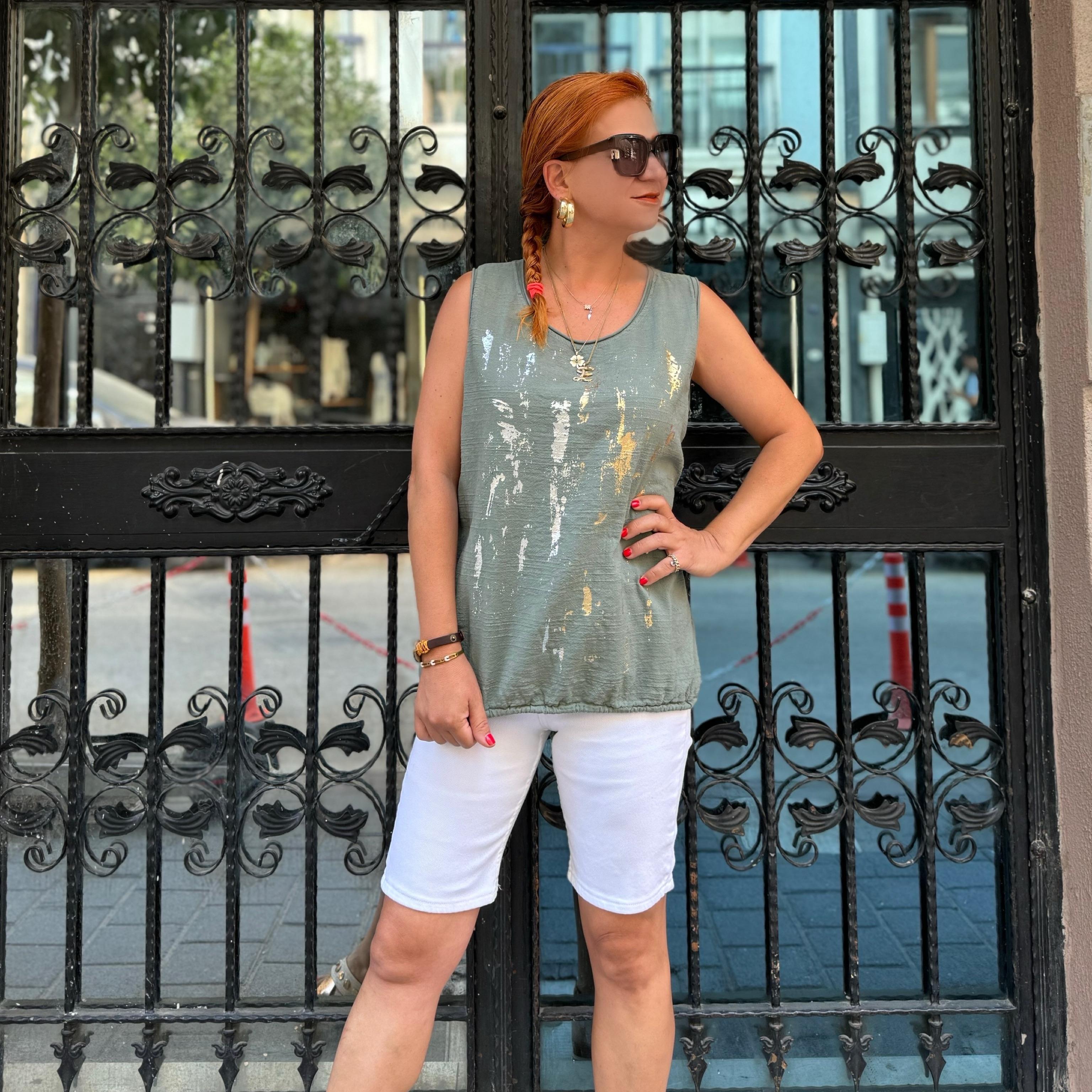 2030 İTALYAN  VARAK DETAY PAMUKLU BLUZ 44 BEDENE KADAR UYUMLUDUR   HAKİ