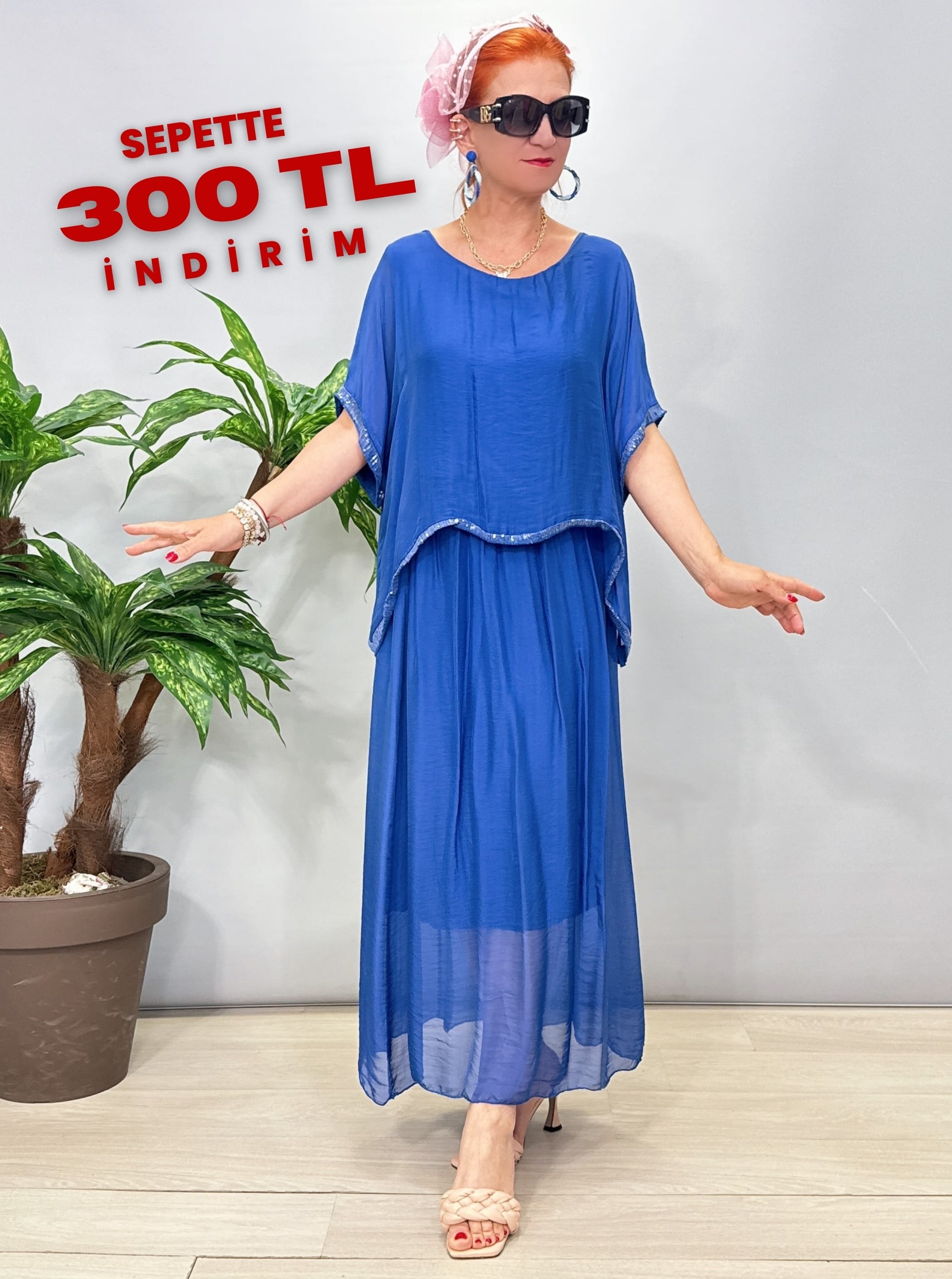 2045 Italyan İpek Elbise Saks Mavi