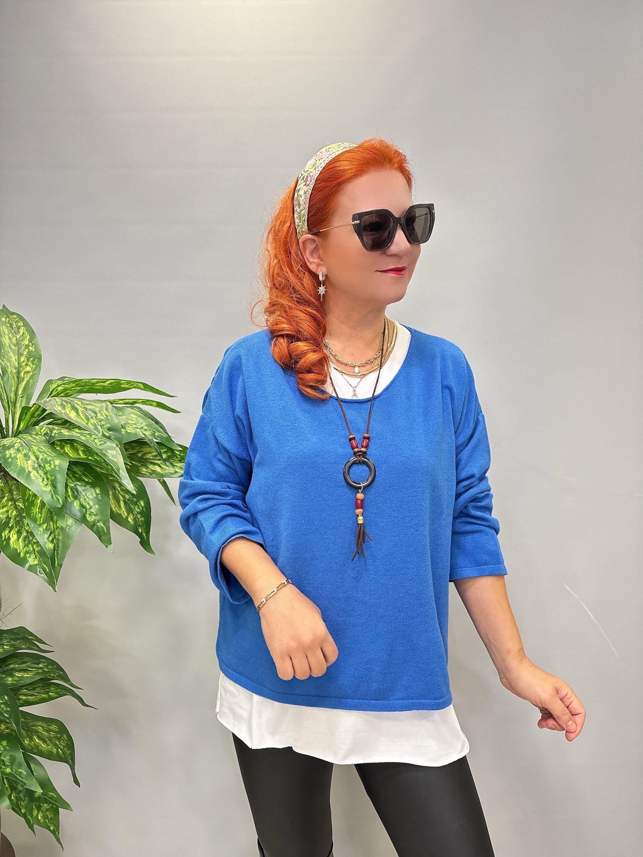 2121 Italyan Triko Bluz (KOLYE HEDİYELİ ) Mavi