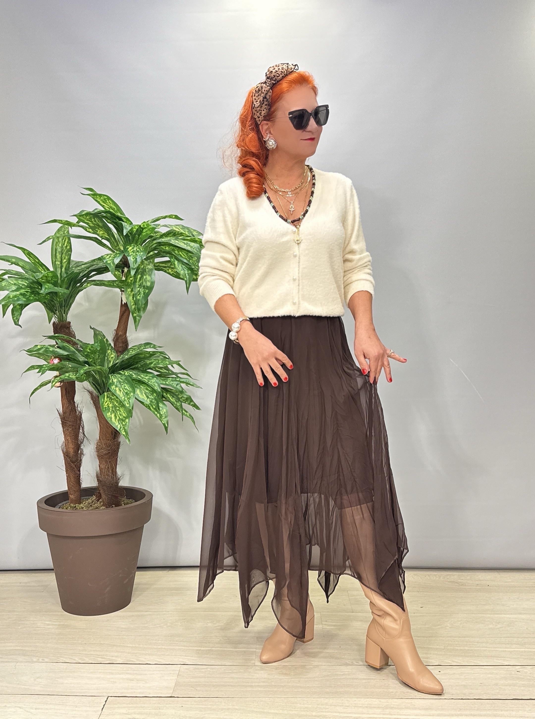 2126 Asimetrik Tül Etek Acı Kahve