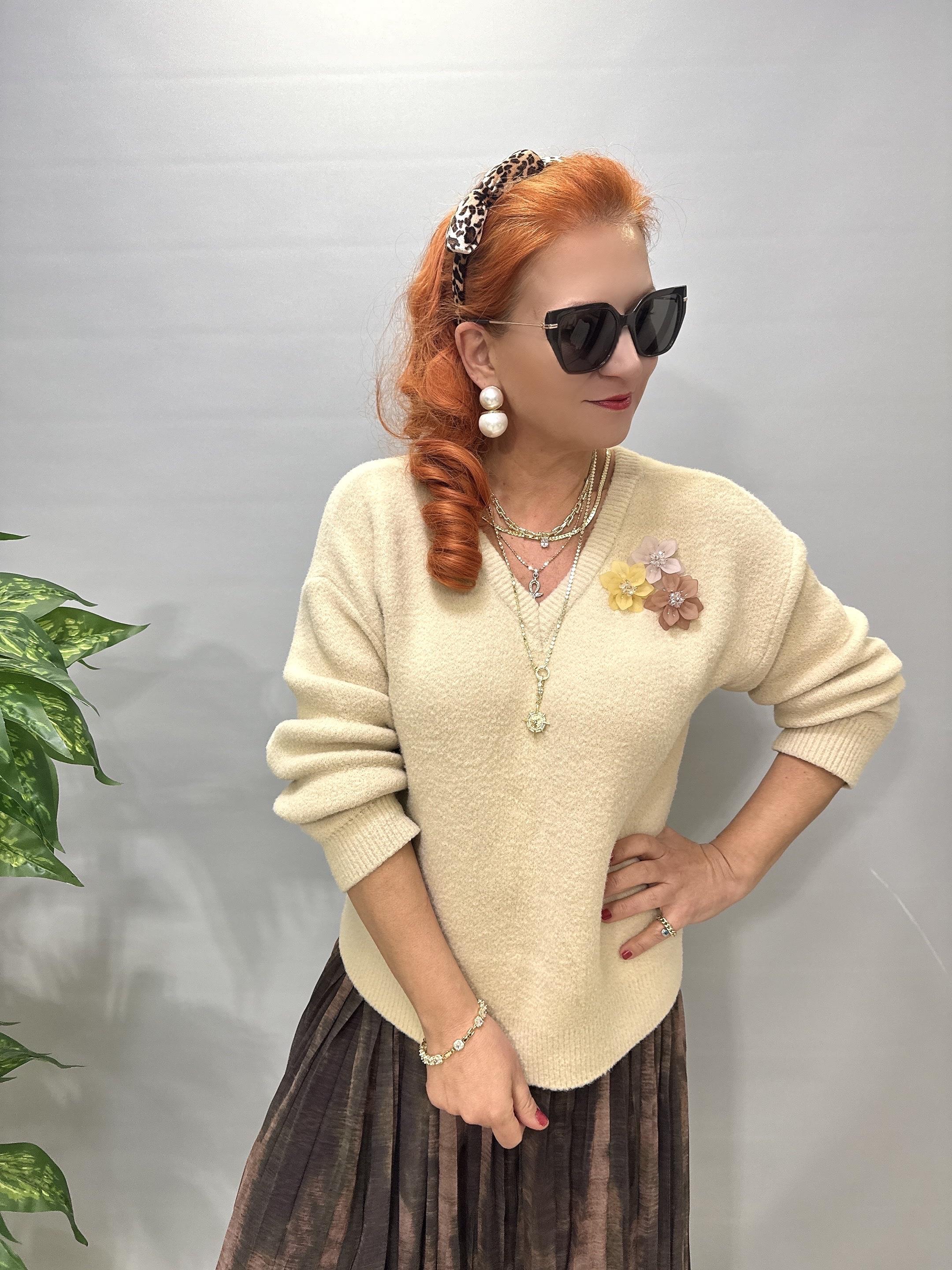 2126 Broş Detaylı Angora Triko Bluz Taş