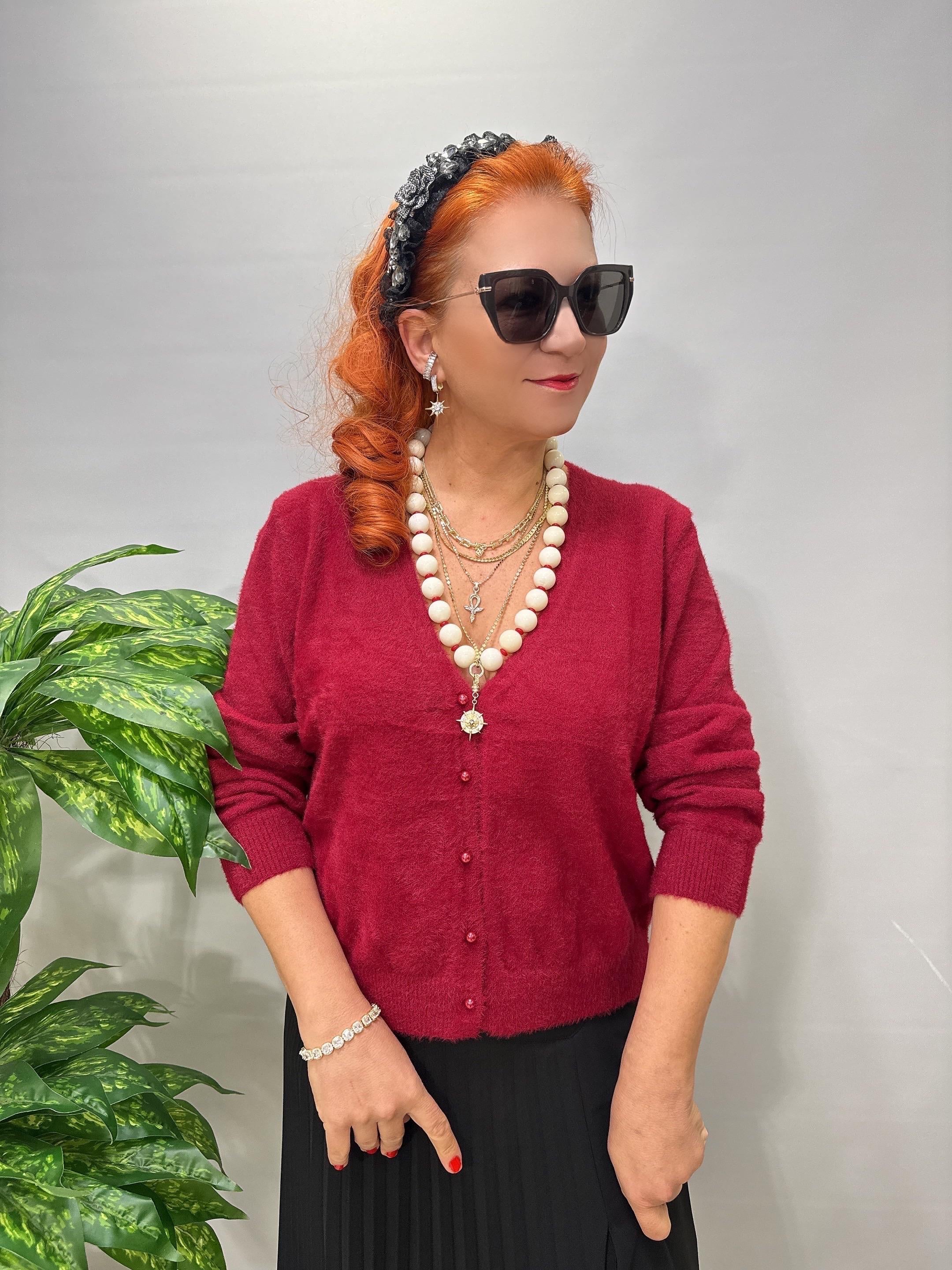 2126 İnci Düğmeli Triko/ Hırka Bordo