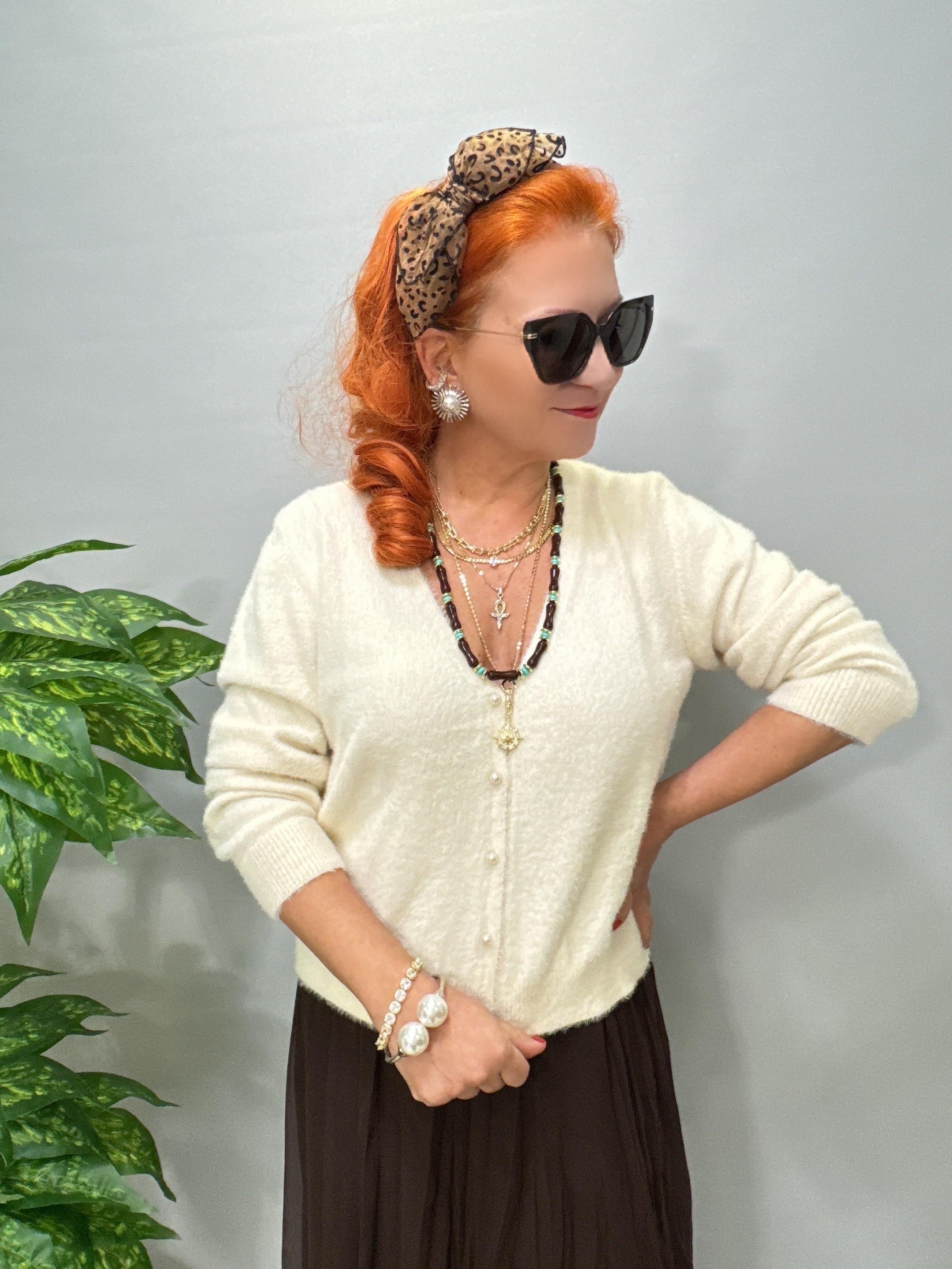 2126 İnci Düğmeli Triko/ Hırka Ekru