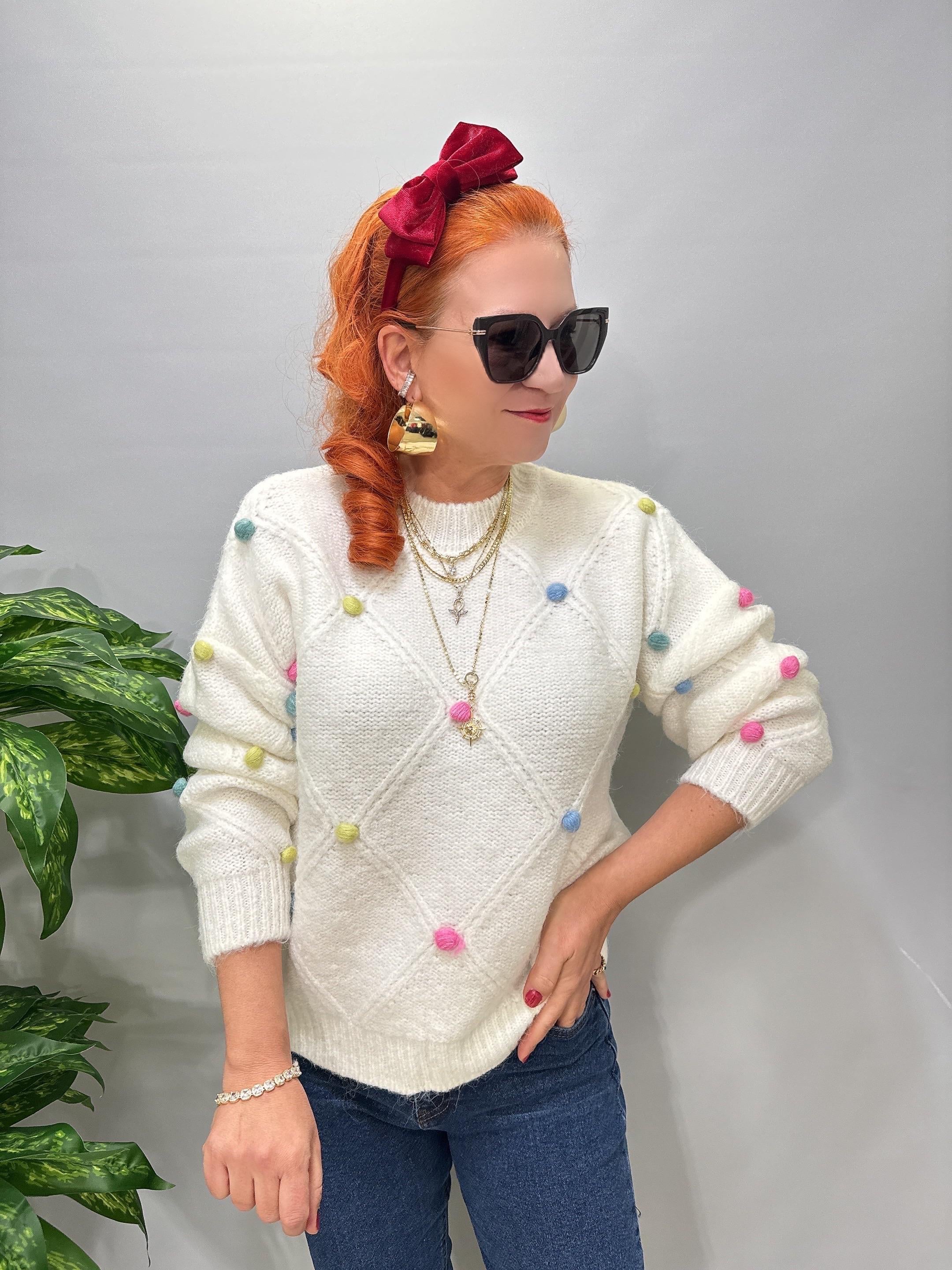 2126 Pon Pon Detaylı Triko Ekru