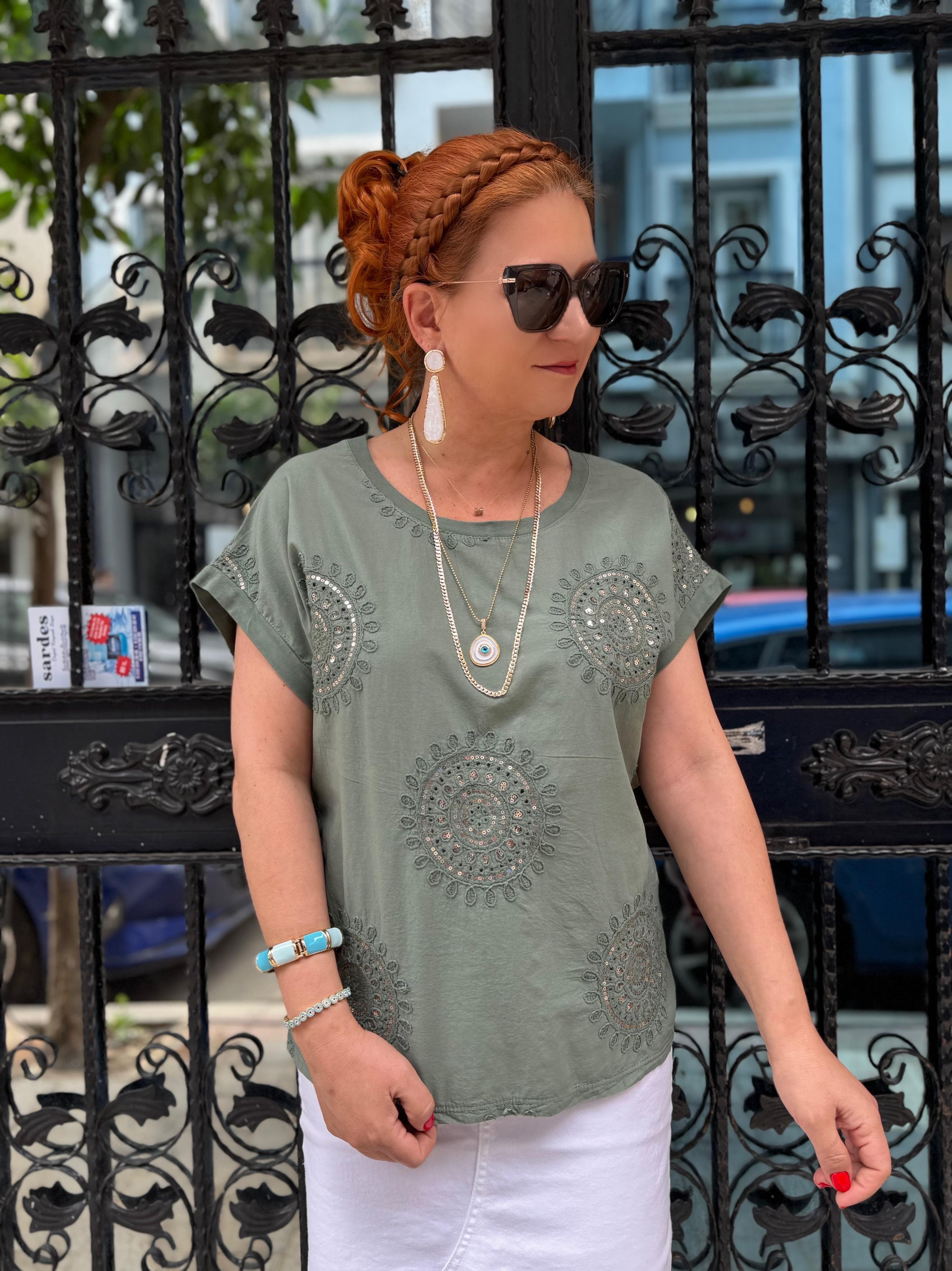 2136 Italyan Payet detay Bluz Haki