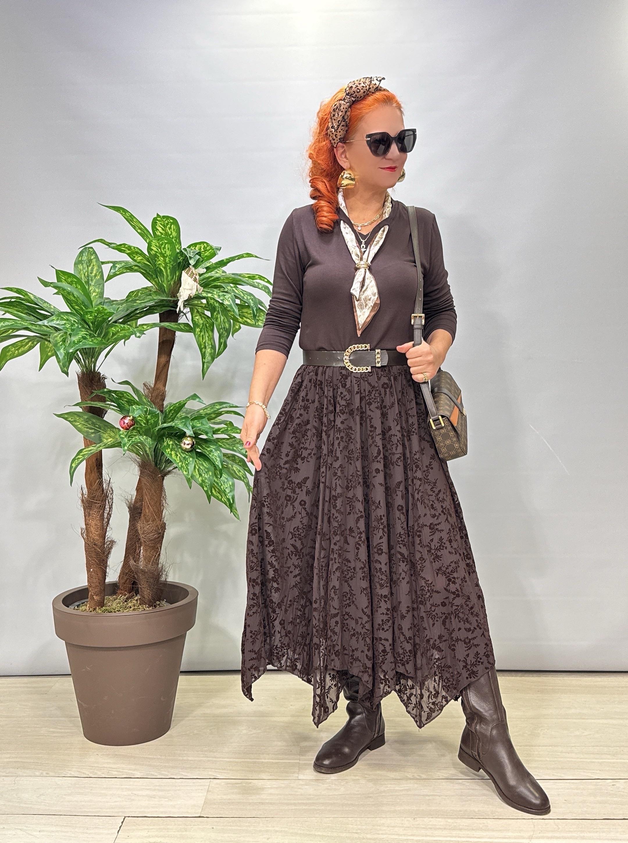 2188 Flok Kabartmalı Tül etek Acı Kahve