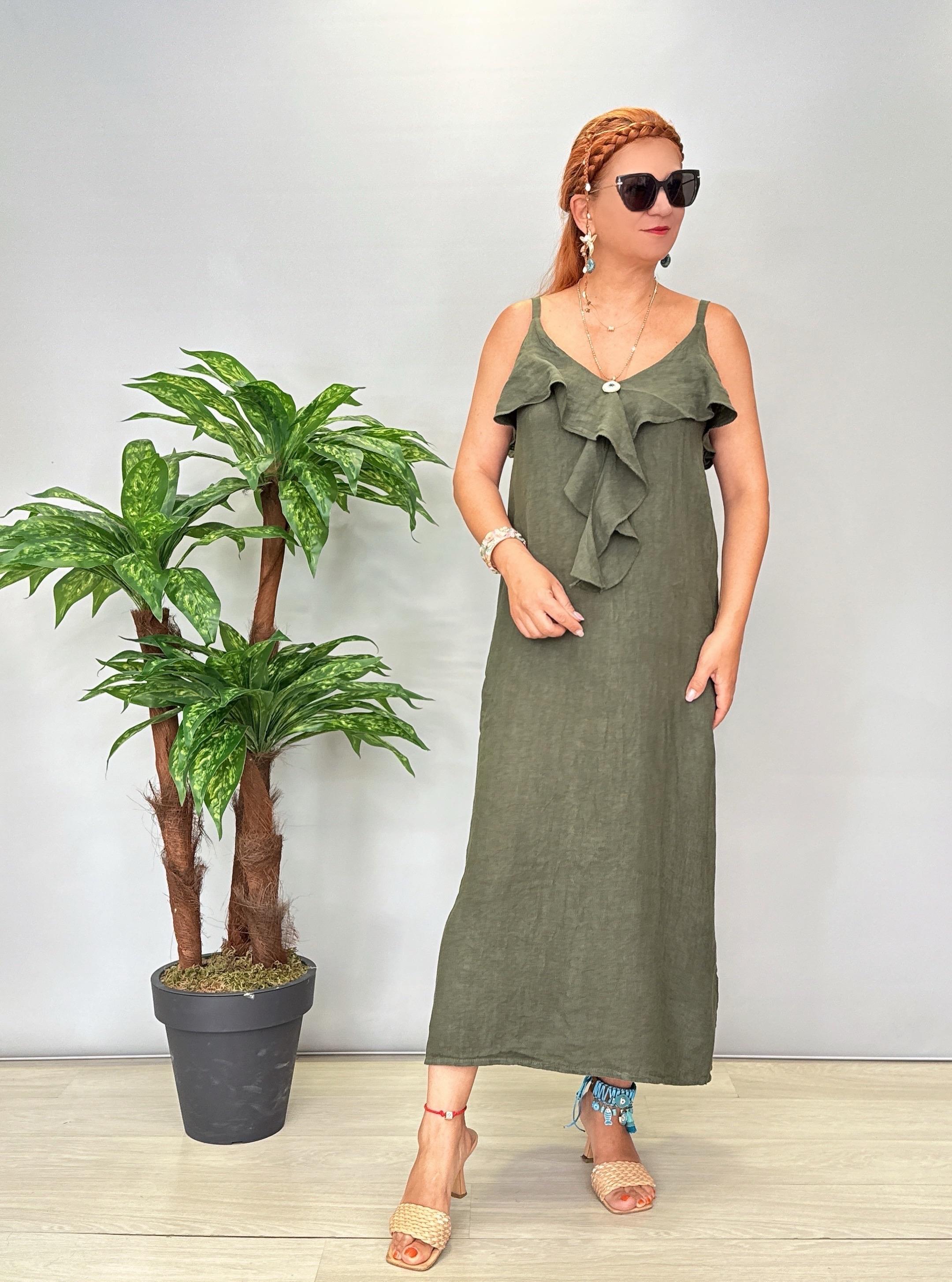 2240 Italyan Keten Elbise Haki