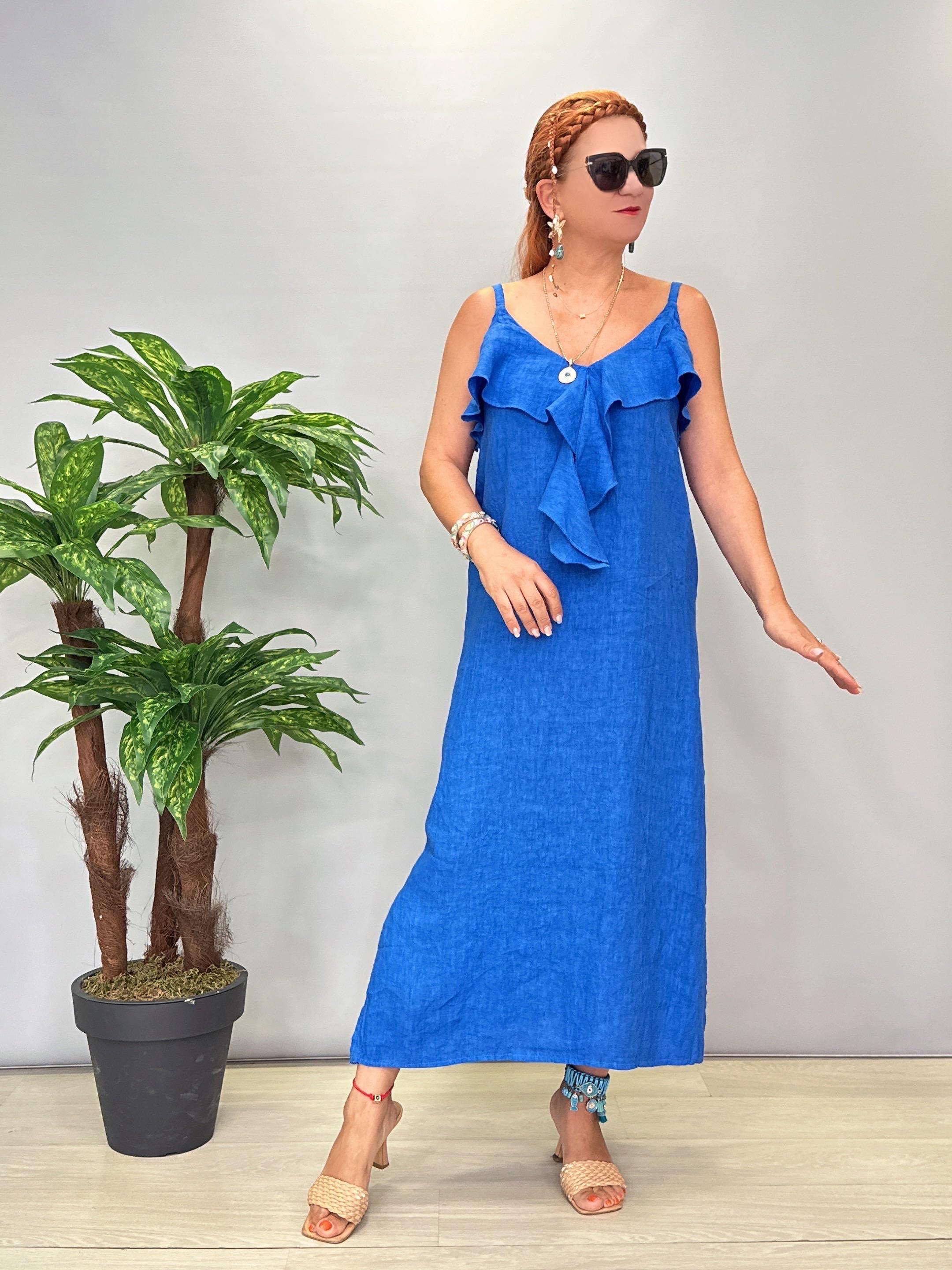 2240 Italyan Keten Elbise Saks Mavi