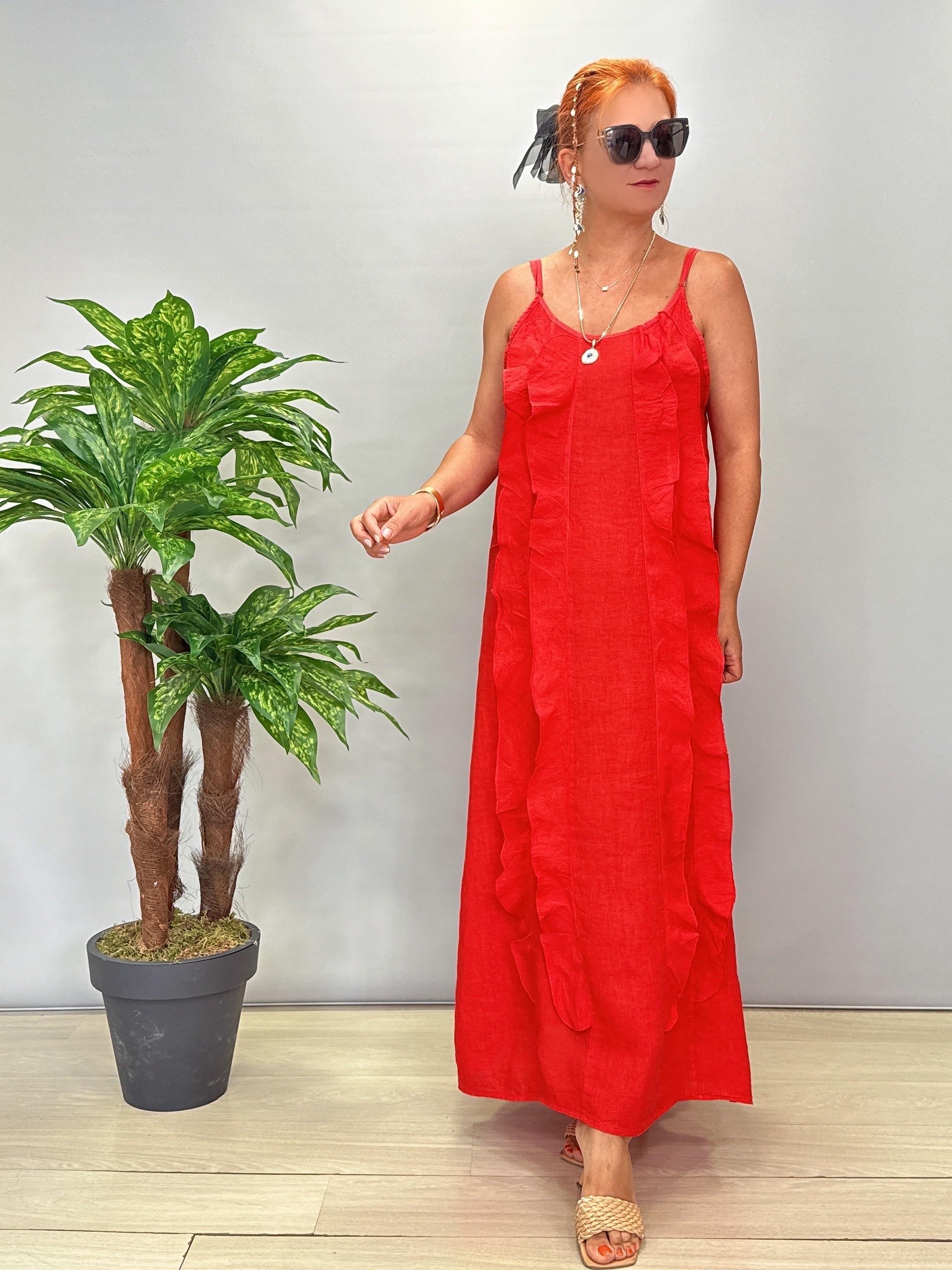 2245 Ham Keten Elbise Kırmızı