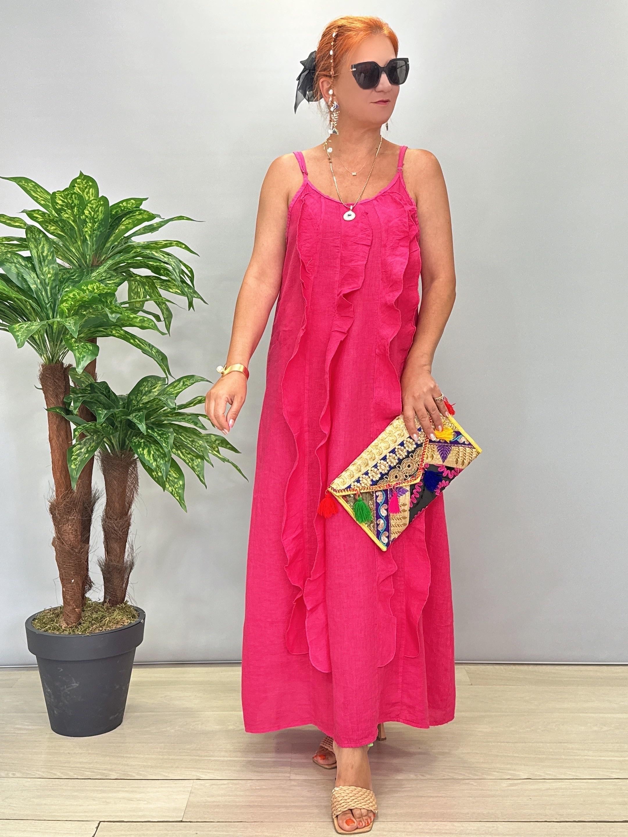 2245 Ham Keten Elbise Pembe