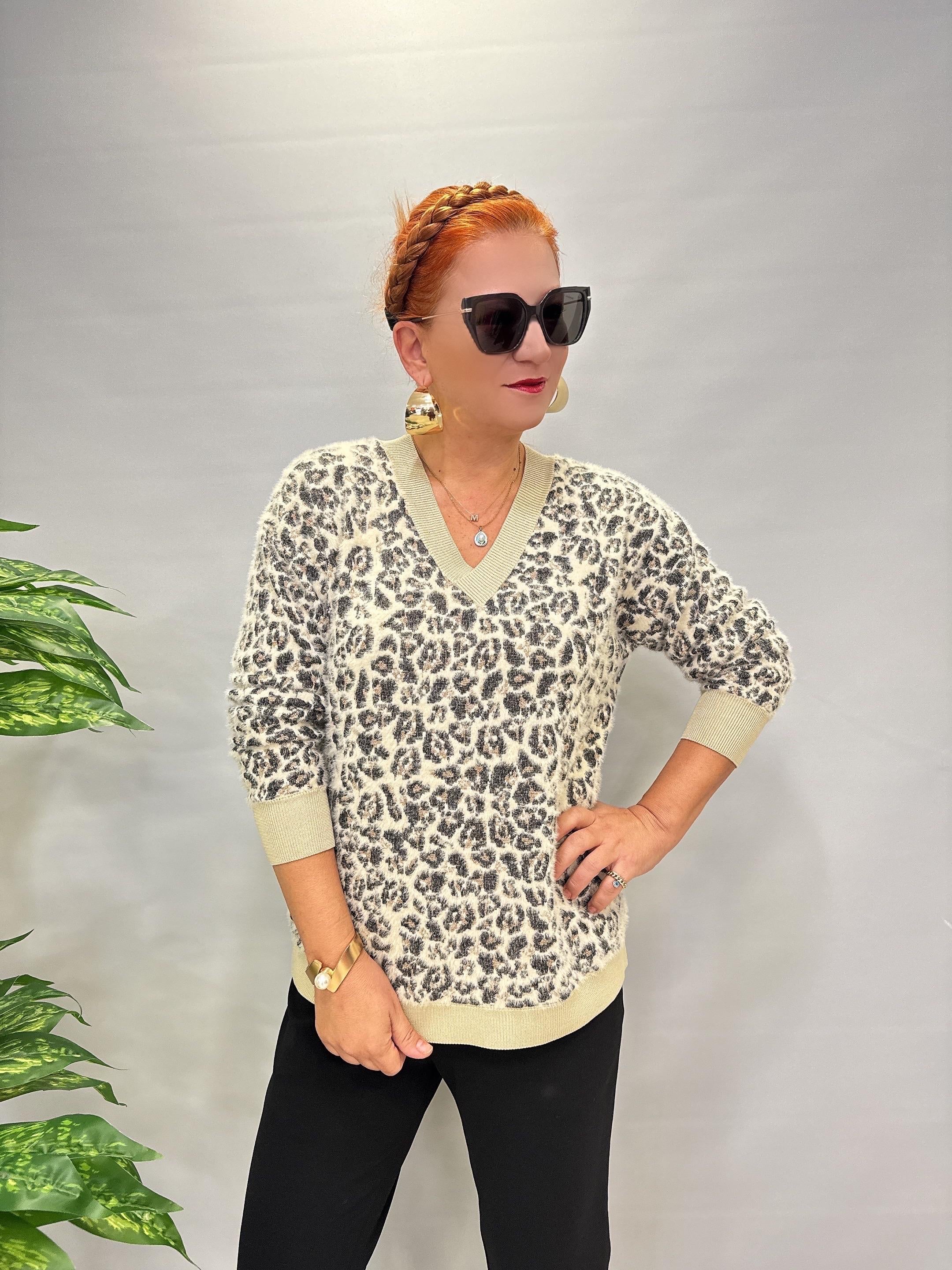 2324 Leopar Desen Triko Kazak Krem 