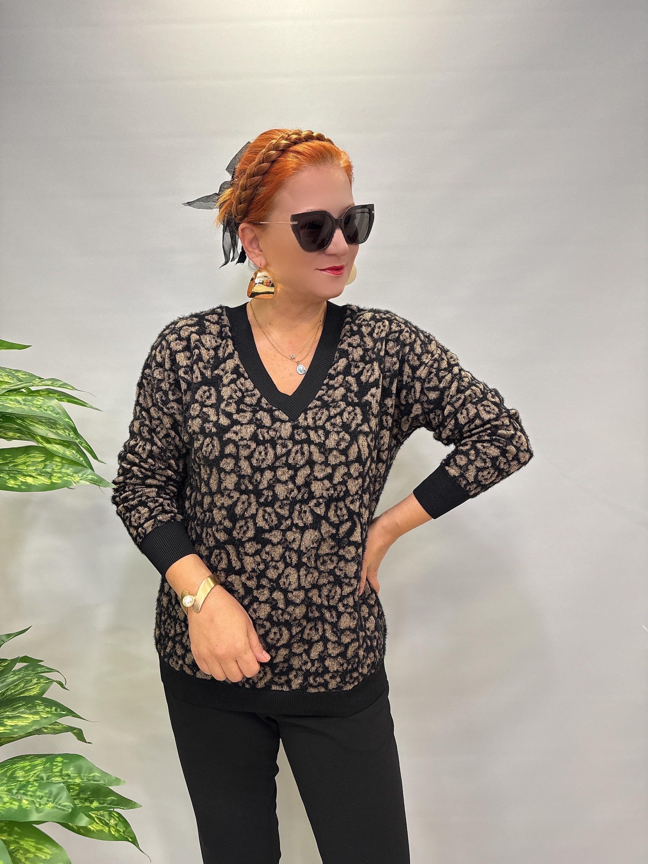 2324 Leopar Desen Triko Kazak Siyah