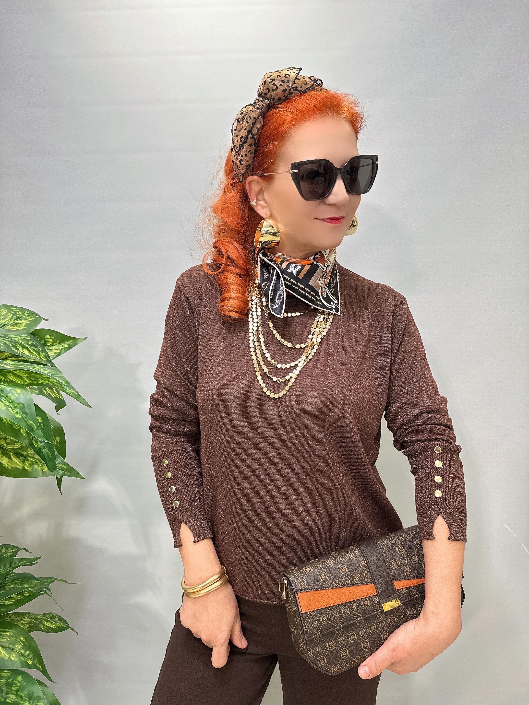 2333 Simli Kollarda Gold Trok Detaylı Triko Bluz Kahve