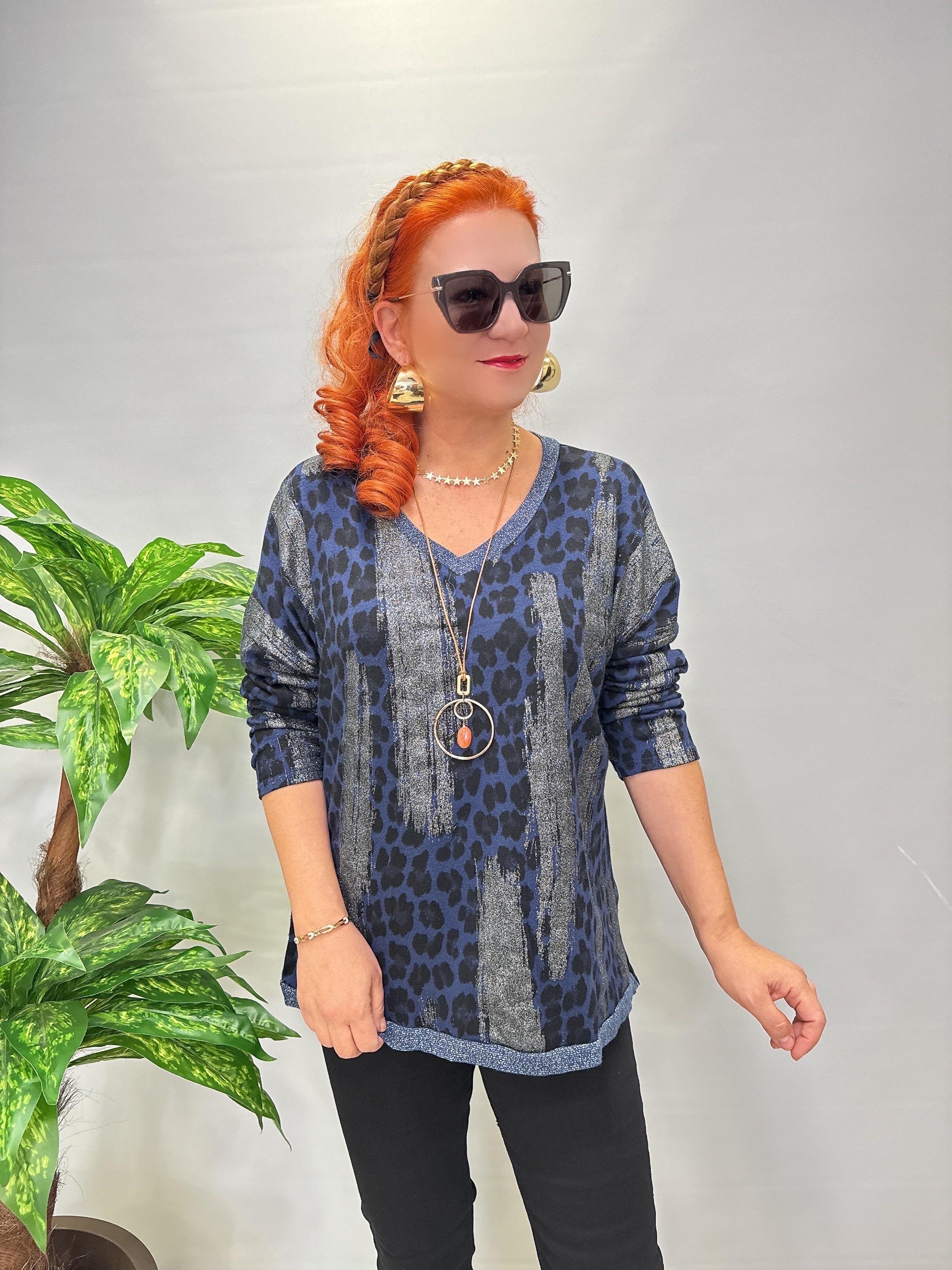 2512 Italyan Leopar Detaylı Triko Bluz Lacivert