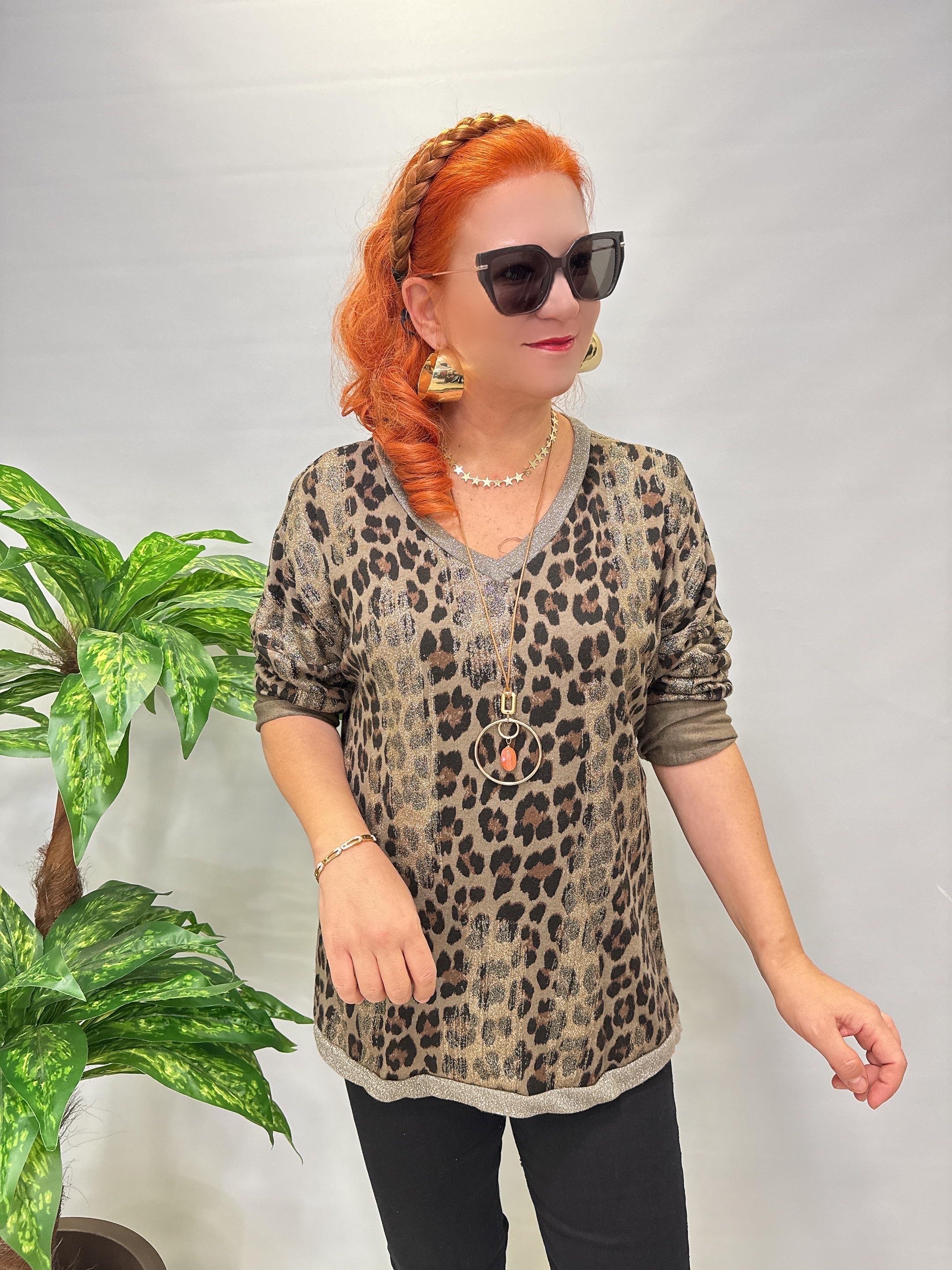 2512 Italyan Leopar Detaylı Triko Bluz Vizon