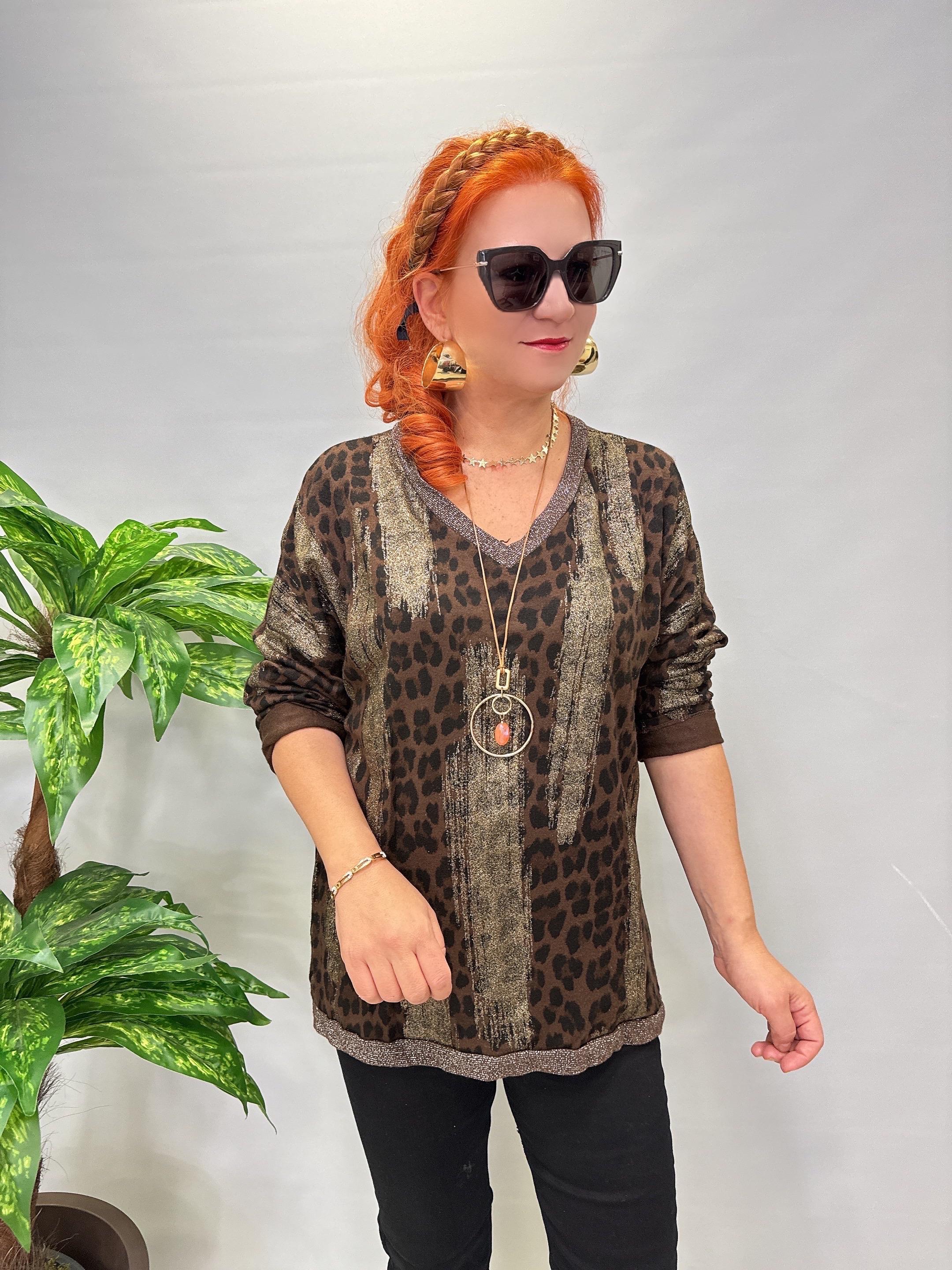 2512 Italyan Leopar Detaylı Triko Bluz Kahve