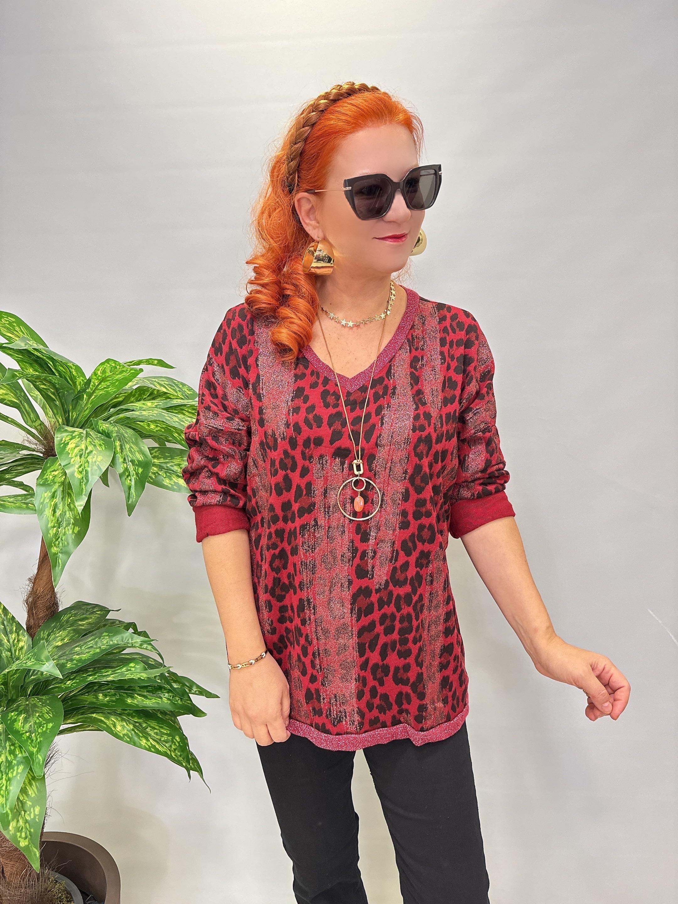 2512 Italyan Leopar Detaylı Triko Bluz Bordo