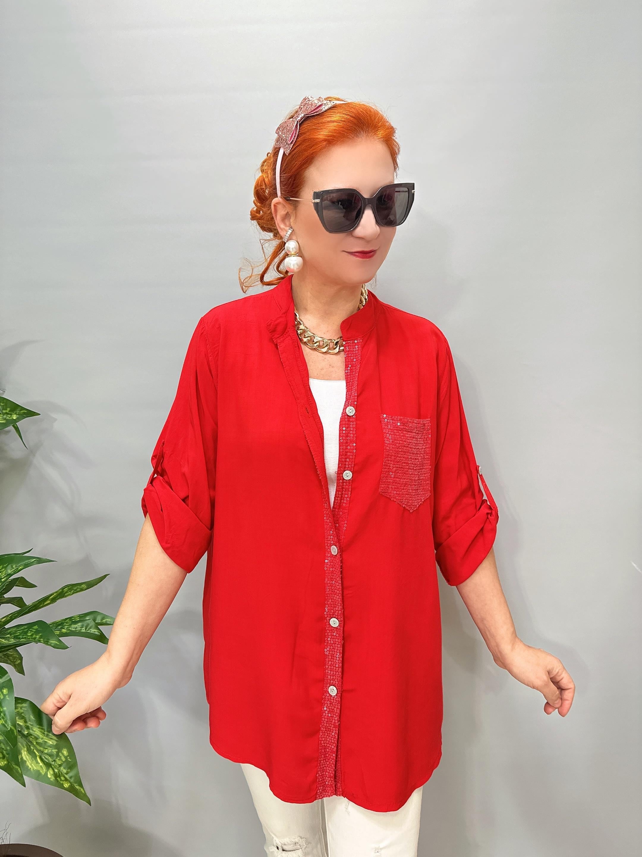 2580 Italyan Payet Detay Gömlek Bluz Kırmızı