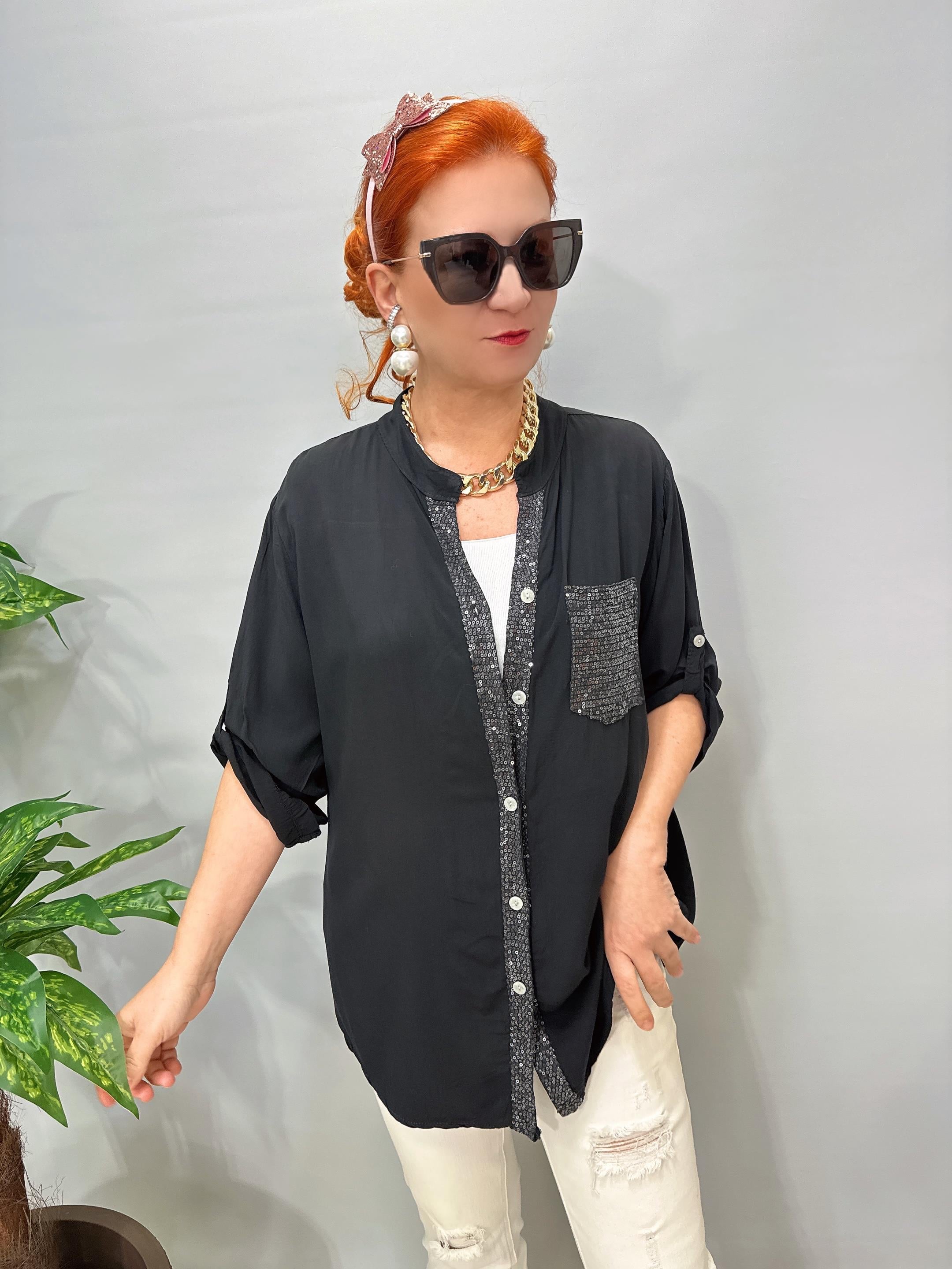 2580 Italyan Payet Detay Gömlek Bluz Siyah