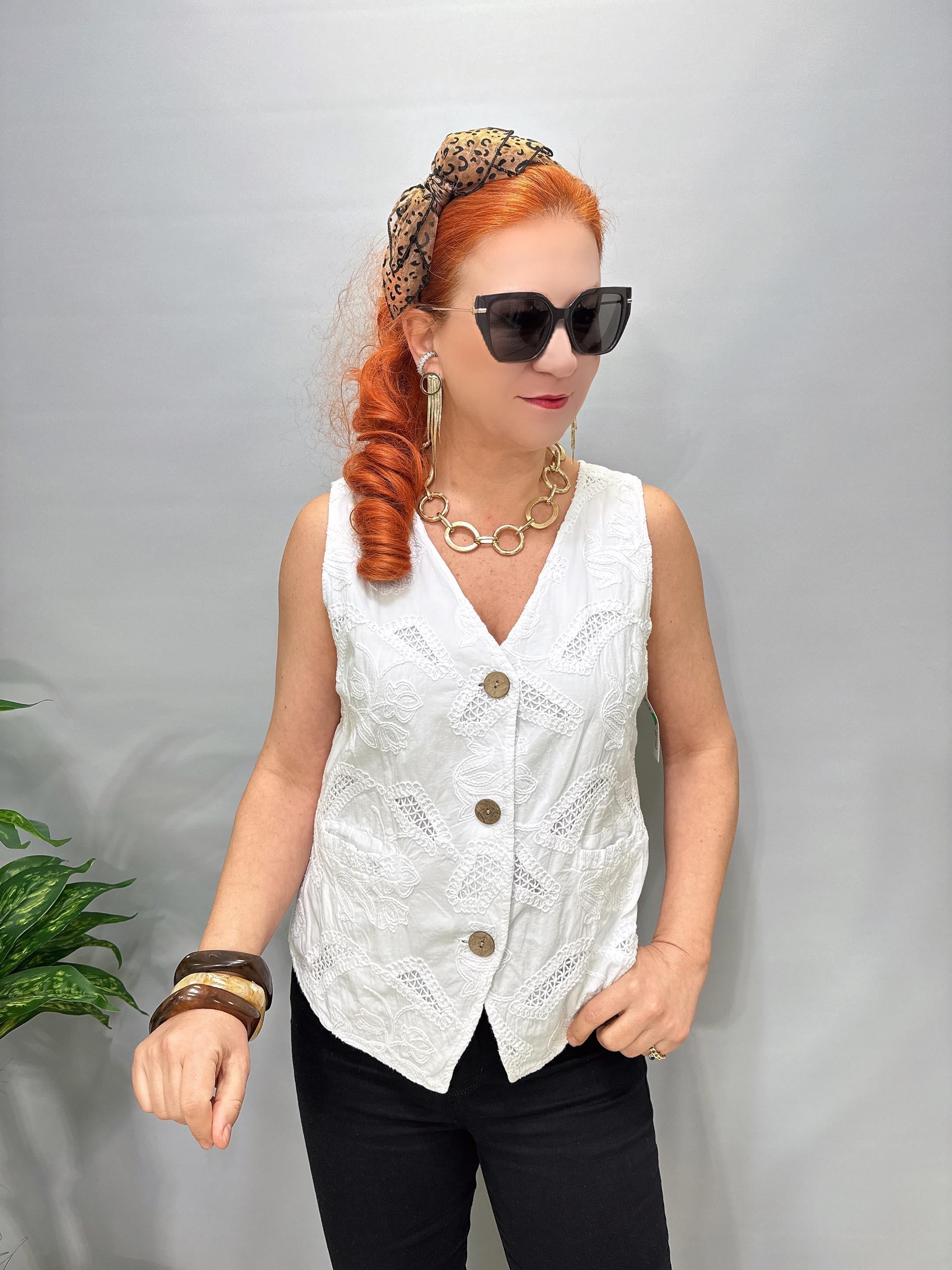 2602 Italyan Nakış İşlemeli Yelek Bluz Beyaz