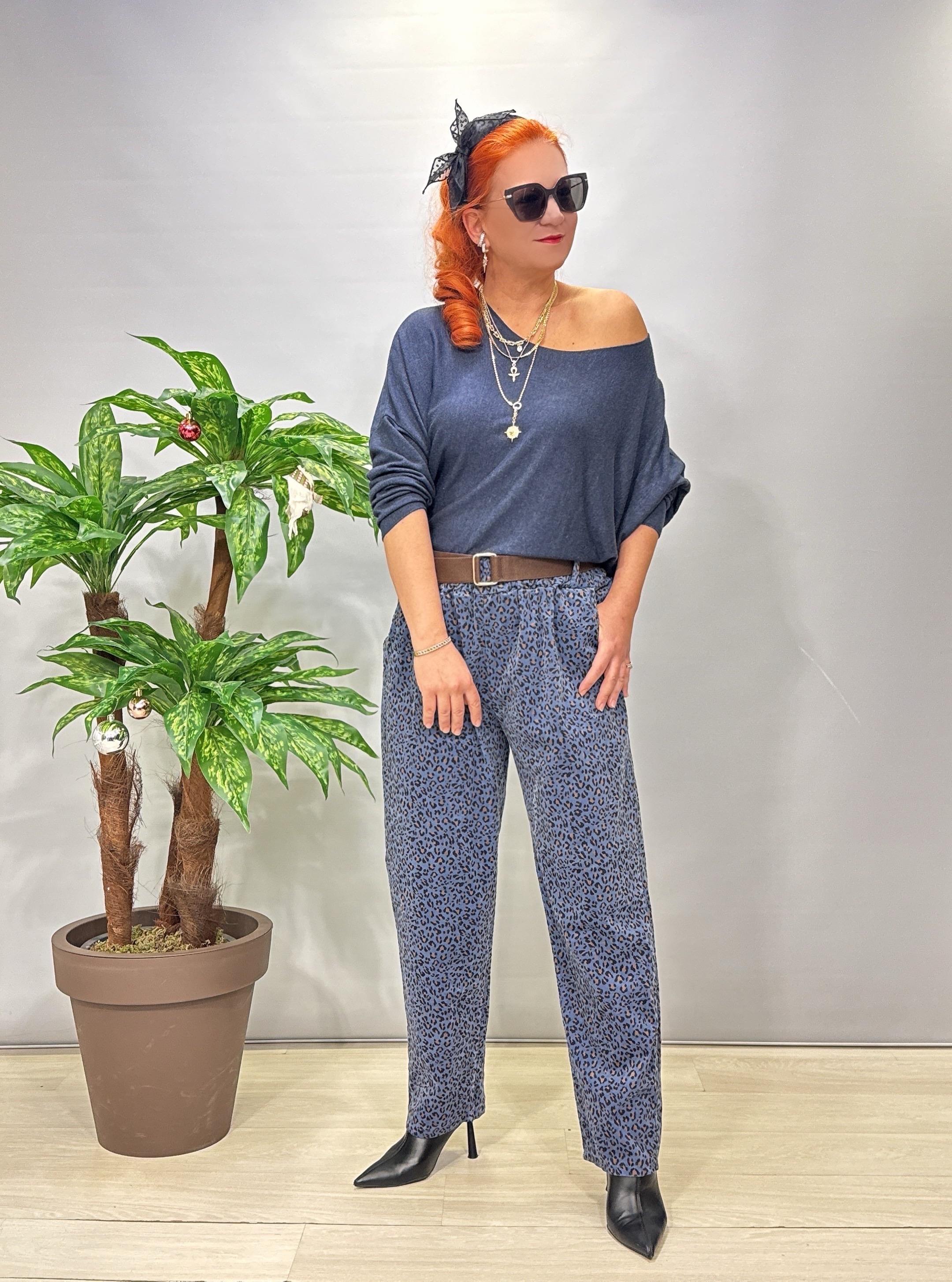 2645 Leopar Detay Kadife Pantolon Mavi