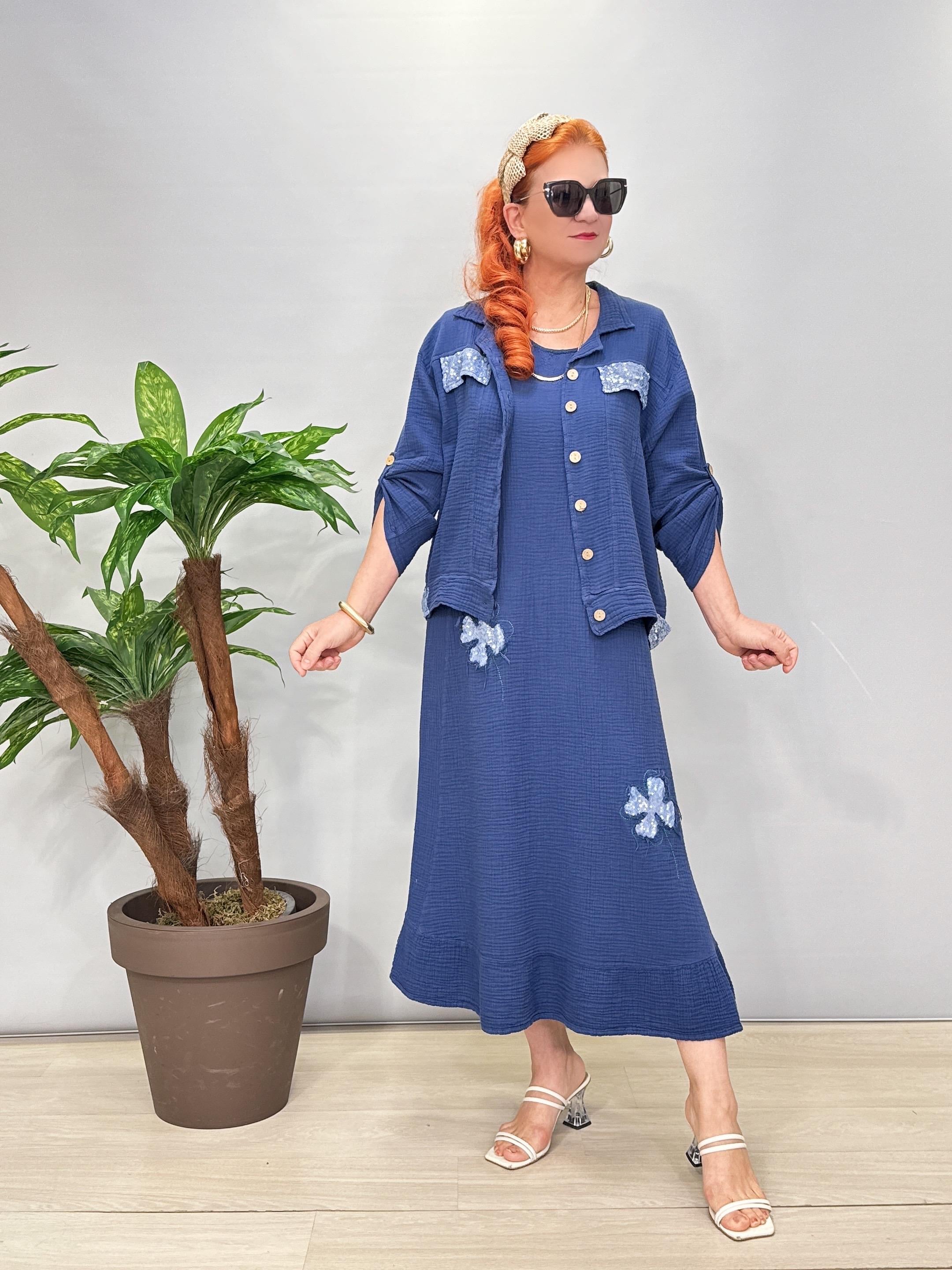 2685 Müslin Ceketli Elbise Saks Mavi