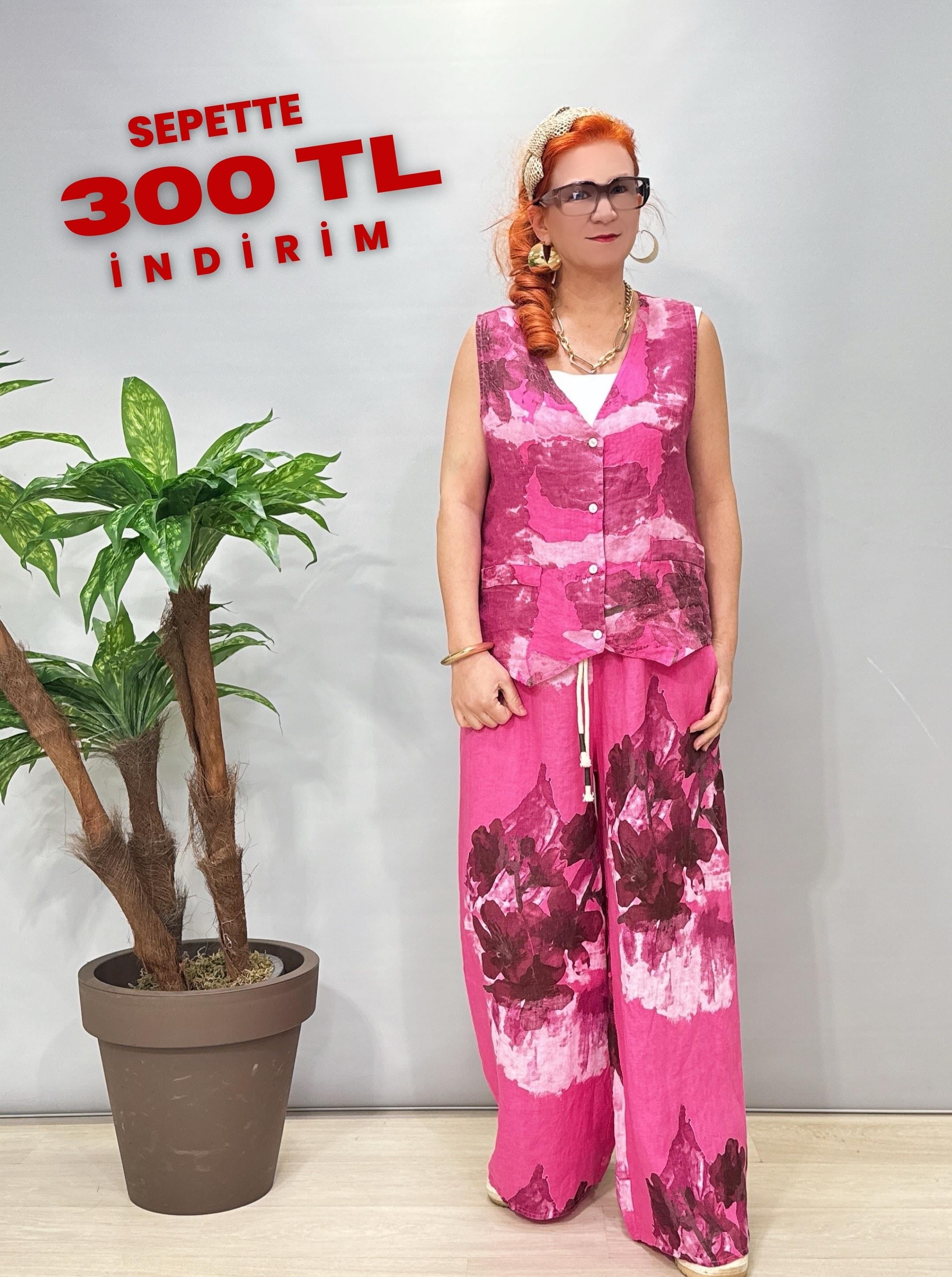 2688 Italyan Keten Yelekli Takım Fuşya
