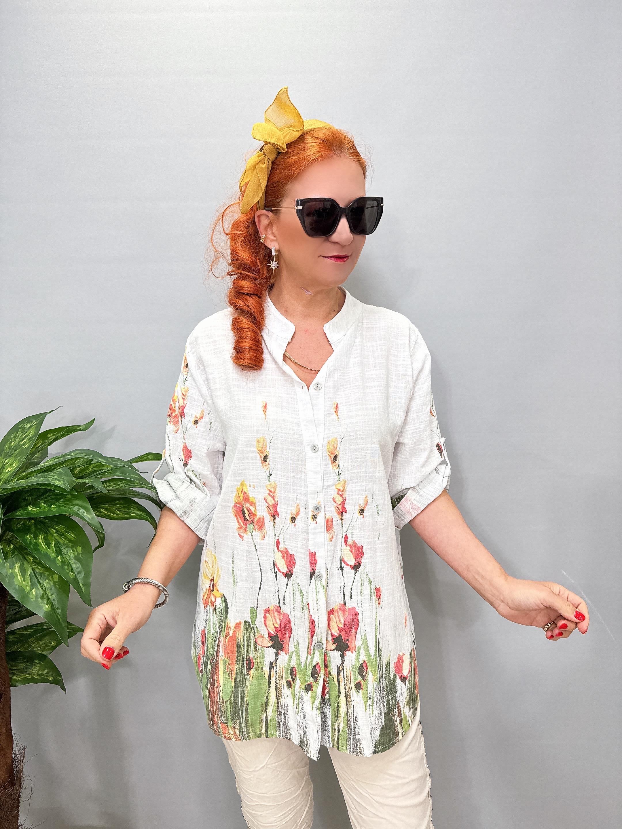 2690 Italyan Çiçek Detay Pamuklu Bluz Beyaz