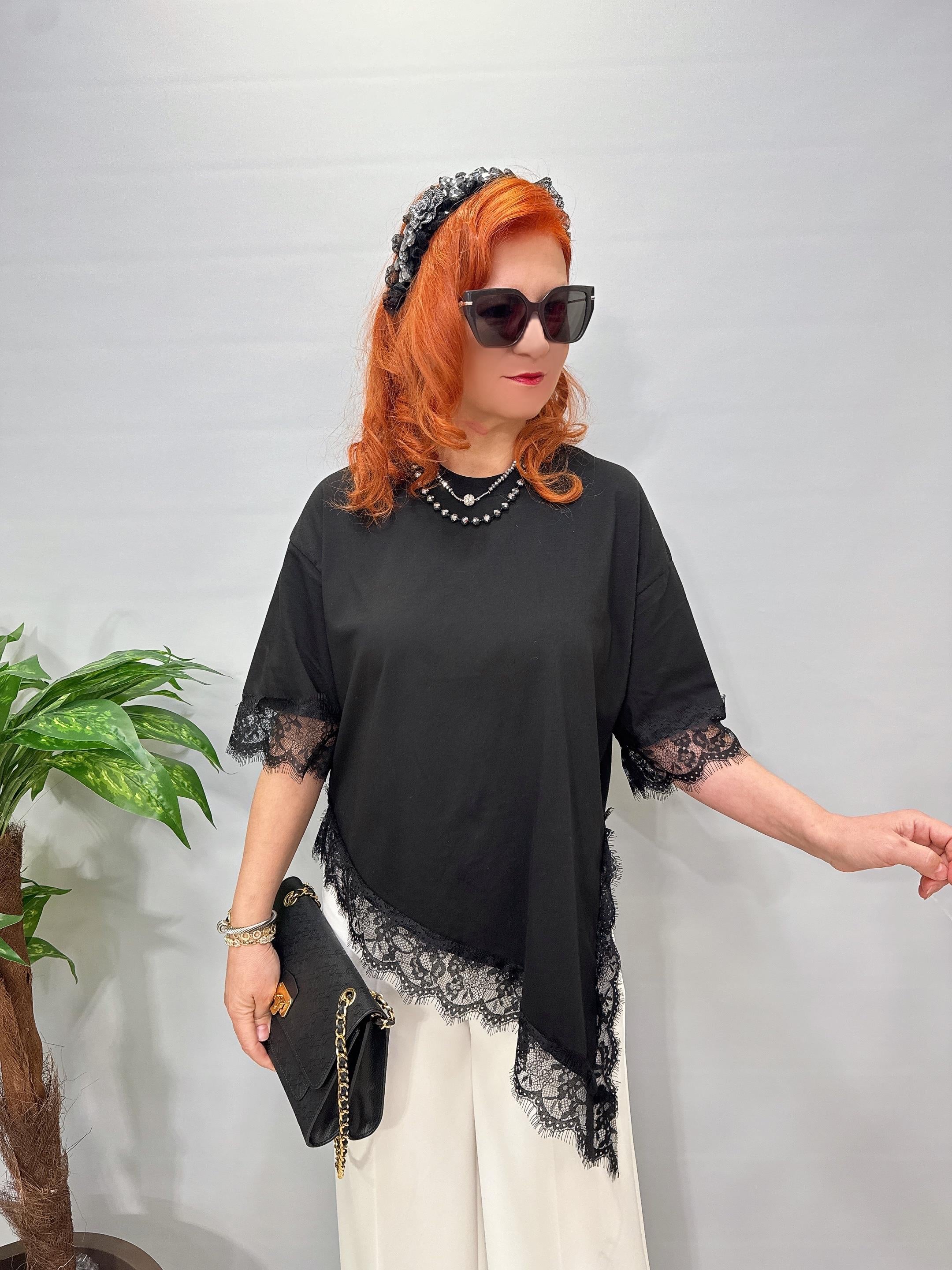 2865 Asimetrik Dantel Detay Bluz Siyah