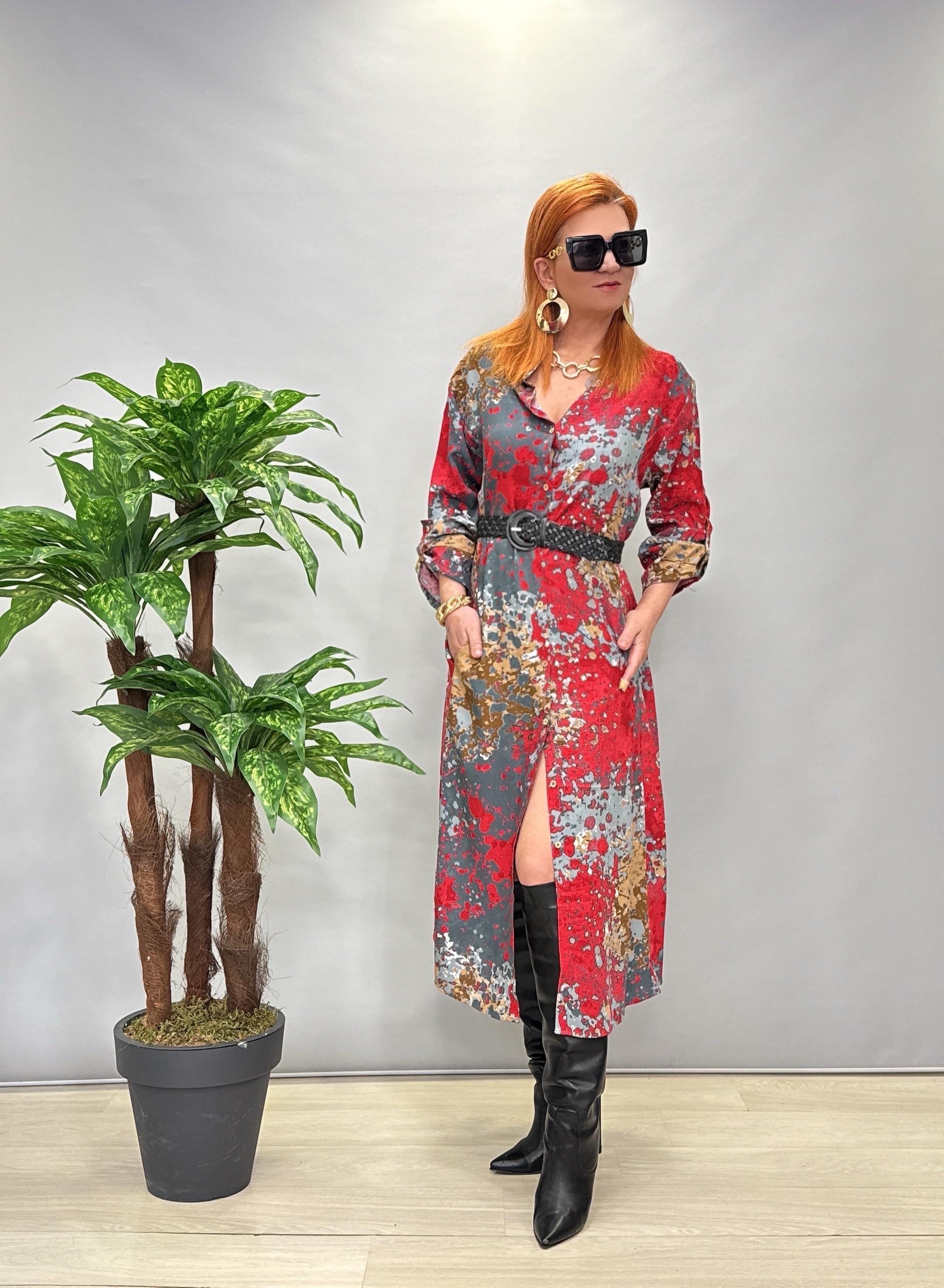 3005 PAMUKLU VİSKON GÖMLEK ELBİSE GRİ / KIRMIZI (KEMER DAHİL DEĞİLİDİR.)