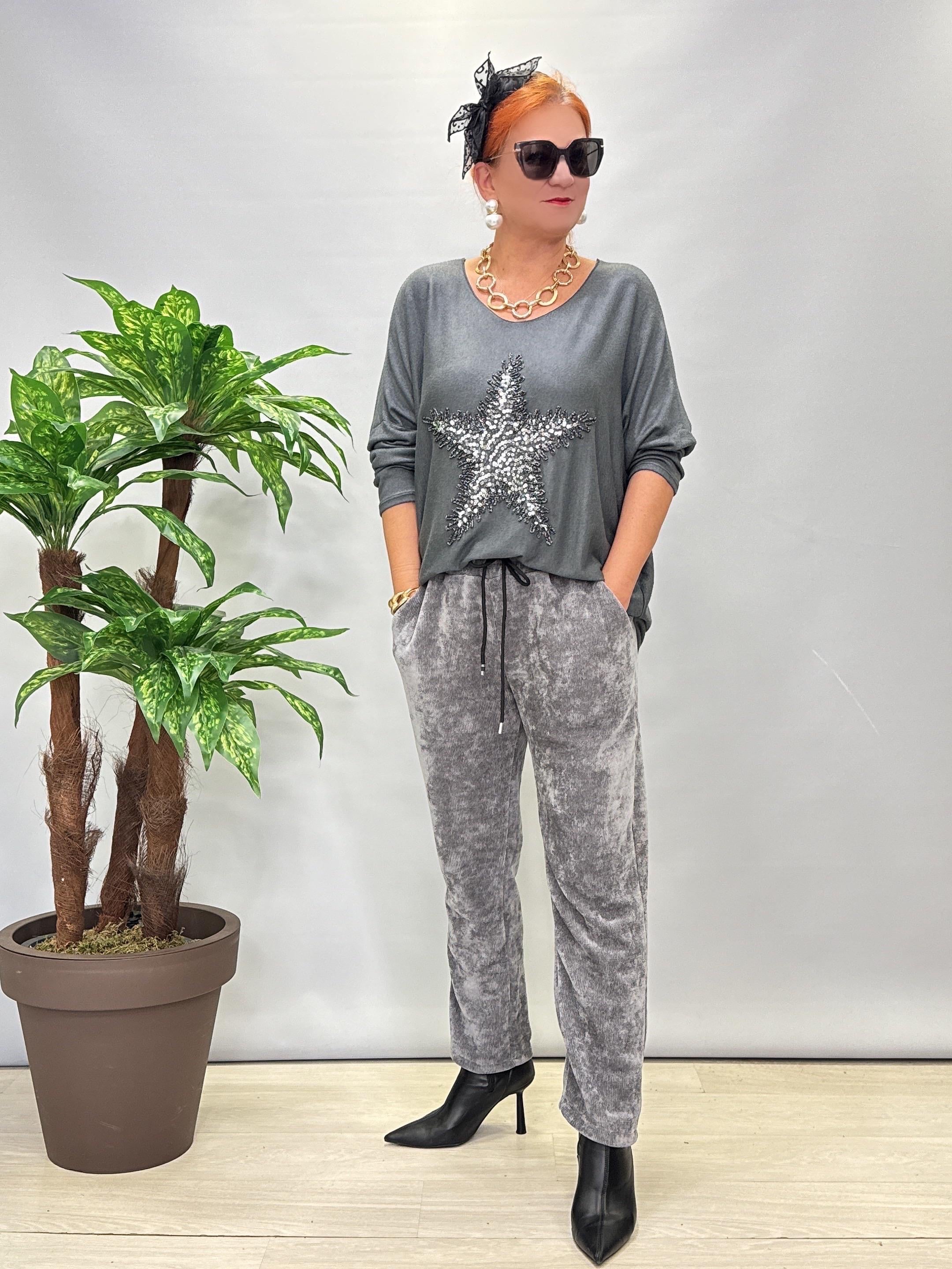 3019 Şönil Kadife Kemersiz Pantolon Gri