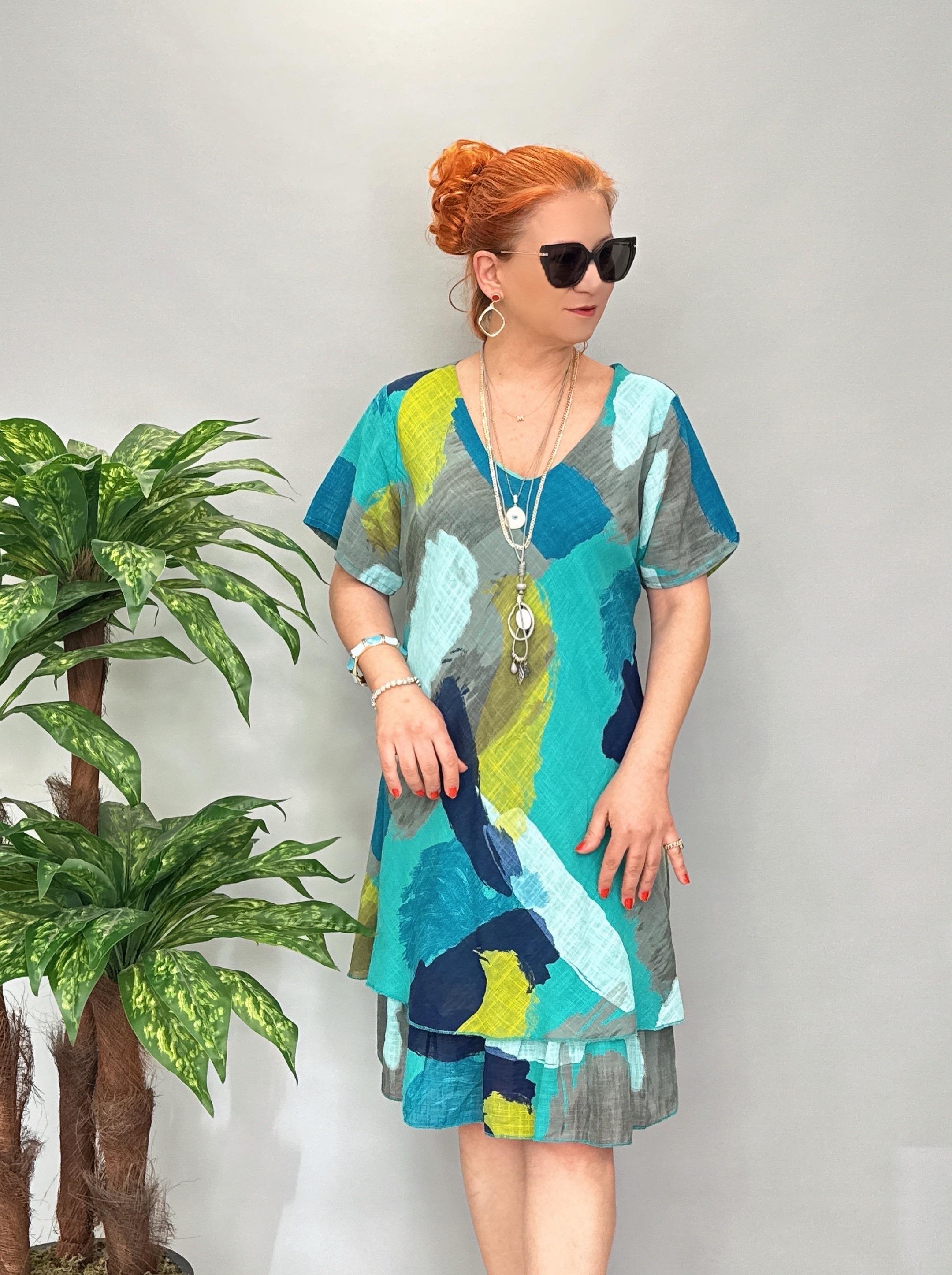 3040 İTALYAN PAMUKLU ELBİSE TURKUAZ