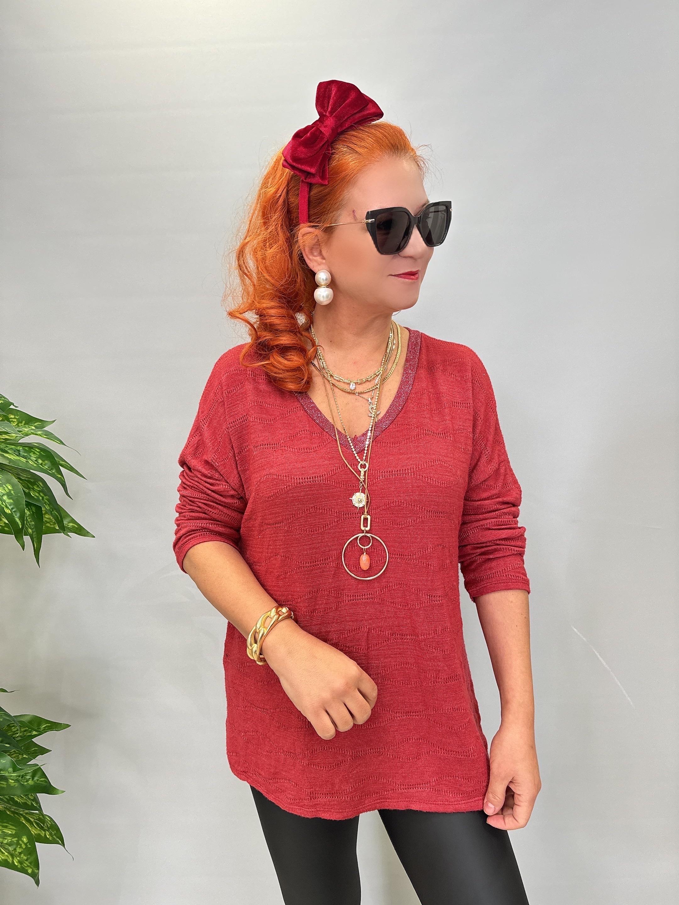 3345 Italyan İnce Sim Detay Triko Bluz Bordo