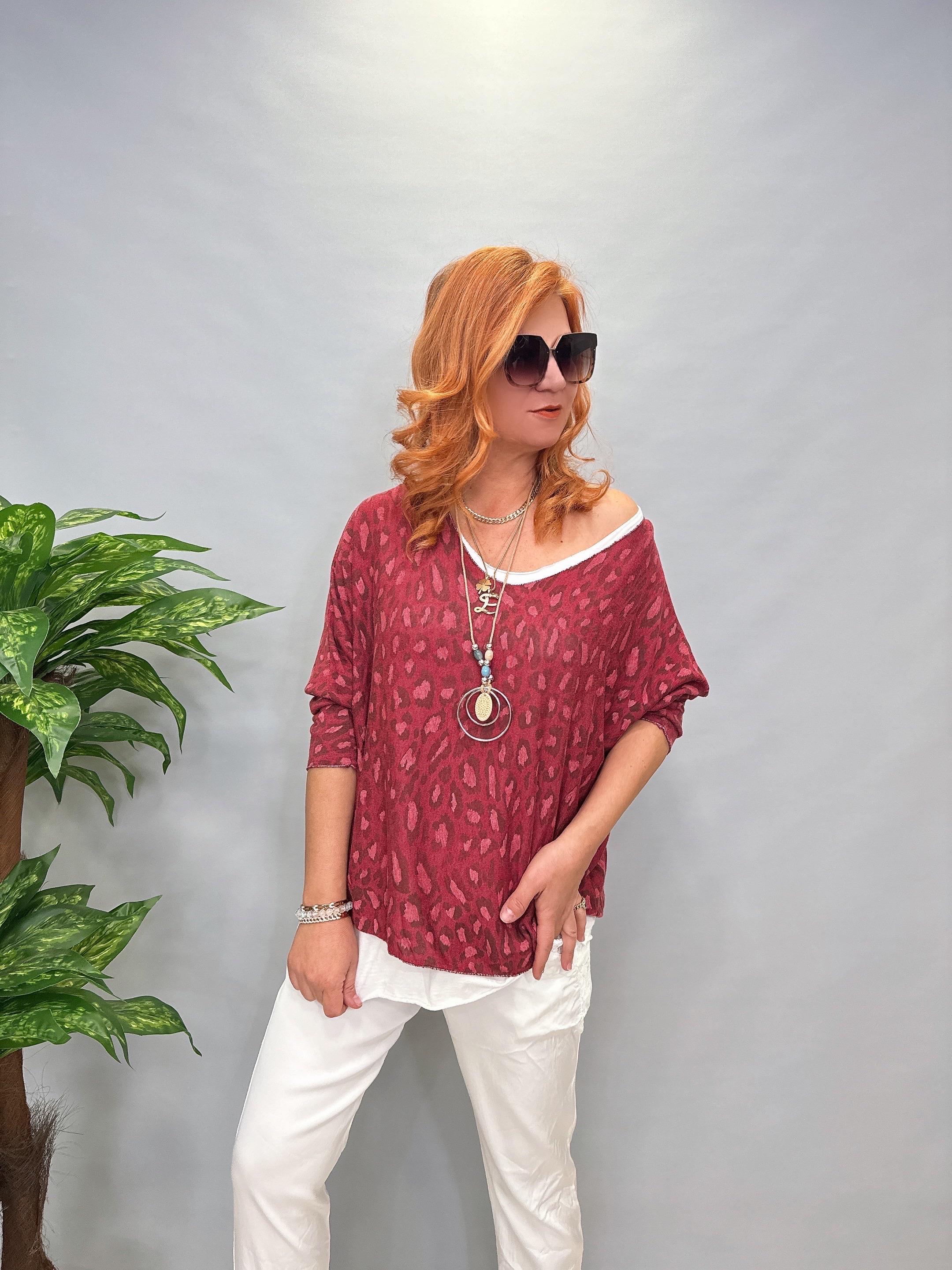 3534 İTALYAN İKİLİ BLUZ LEOPAR DETAY BORDO